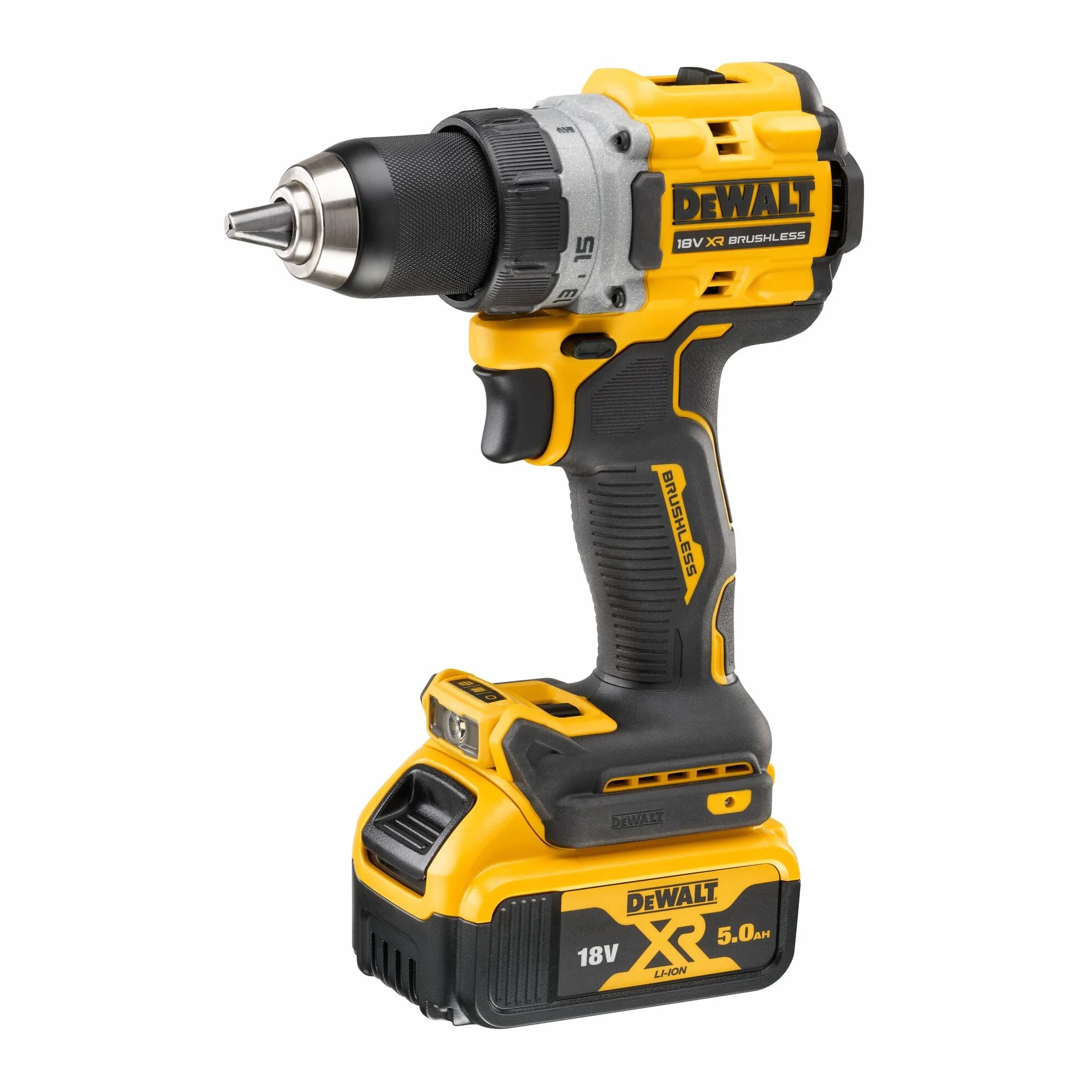 DEWALT DCD800P2T-QW wiertarko-wkrętarka akumulatorowa 18 V, 2 prędkości, silnik bezszczotkowy, uchwyt wiertarski 13 mm, oświetlenie LED, w zestawie 2 x akumulator 5,0 Ah, ładowarka i pudełko TSTAK
