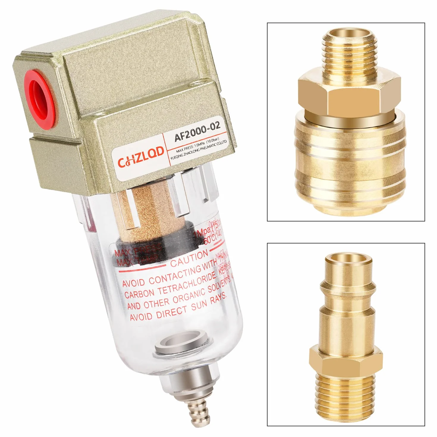 Separator wody i oleju 1/4", kompresor, separator wody sprężonego powietrza, filtr powietrza, z 4 szybkozłączkami i 2 taśmą teflonową, do montażu na sprężarkach lub jako pośrednie połączenie w