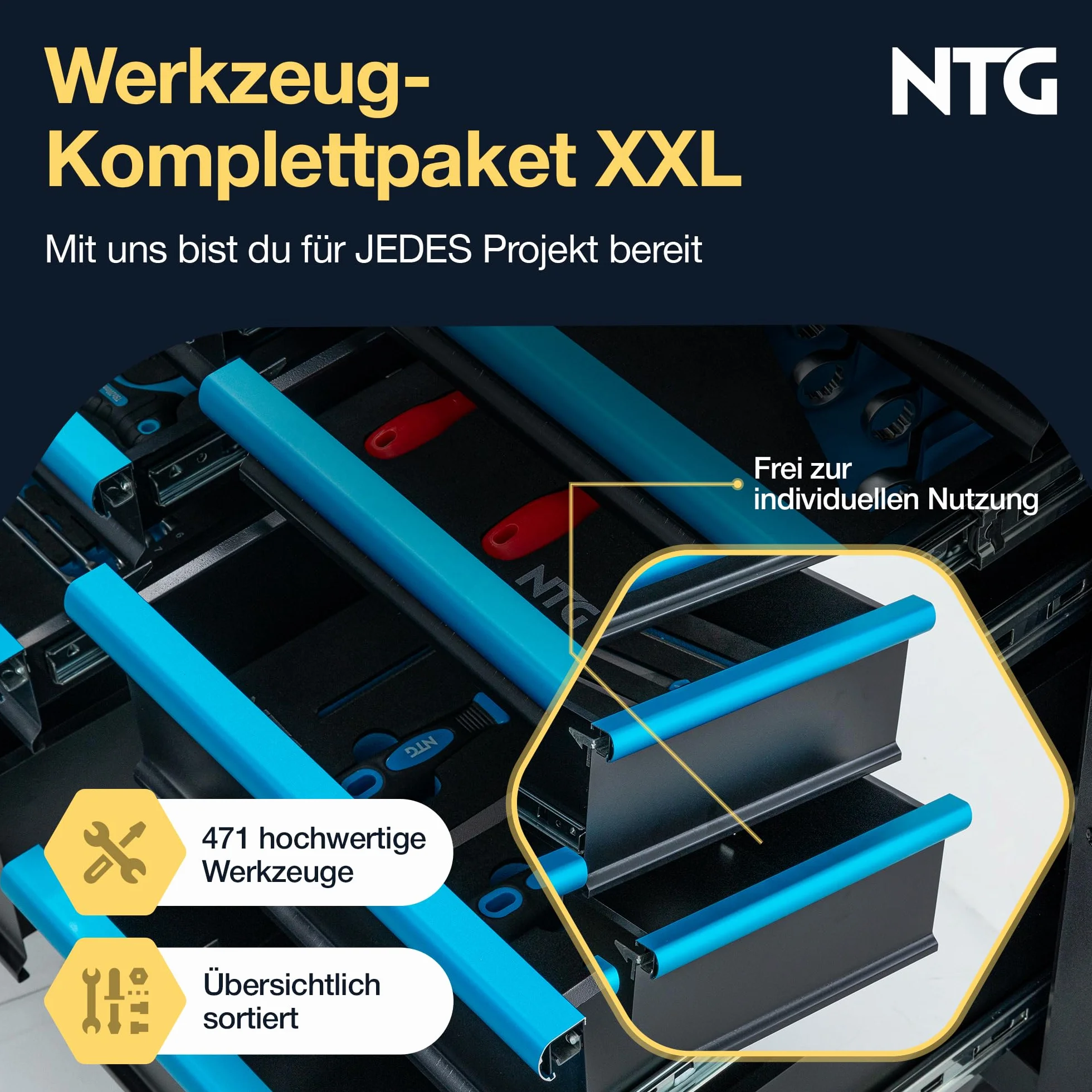NTG Wózek narzędziowy XXL – 471-częściowy z wyposażeniem – 12 szuflad z drewnianym blatem roboczym, zamykany, mobilny na kółkach, profesjonalny wózek warsztatowy z metalu, do garażu i warsztatu