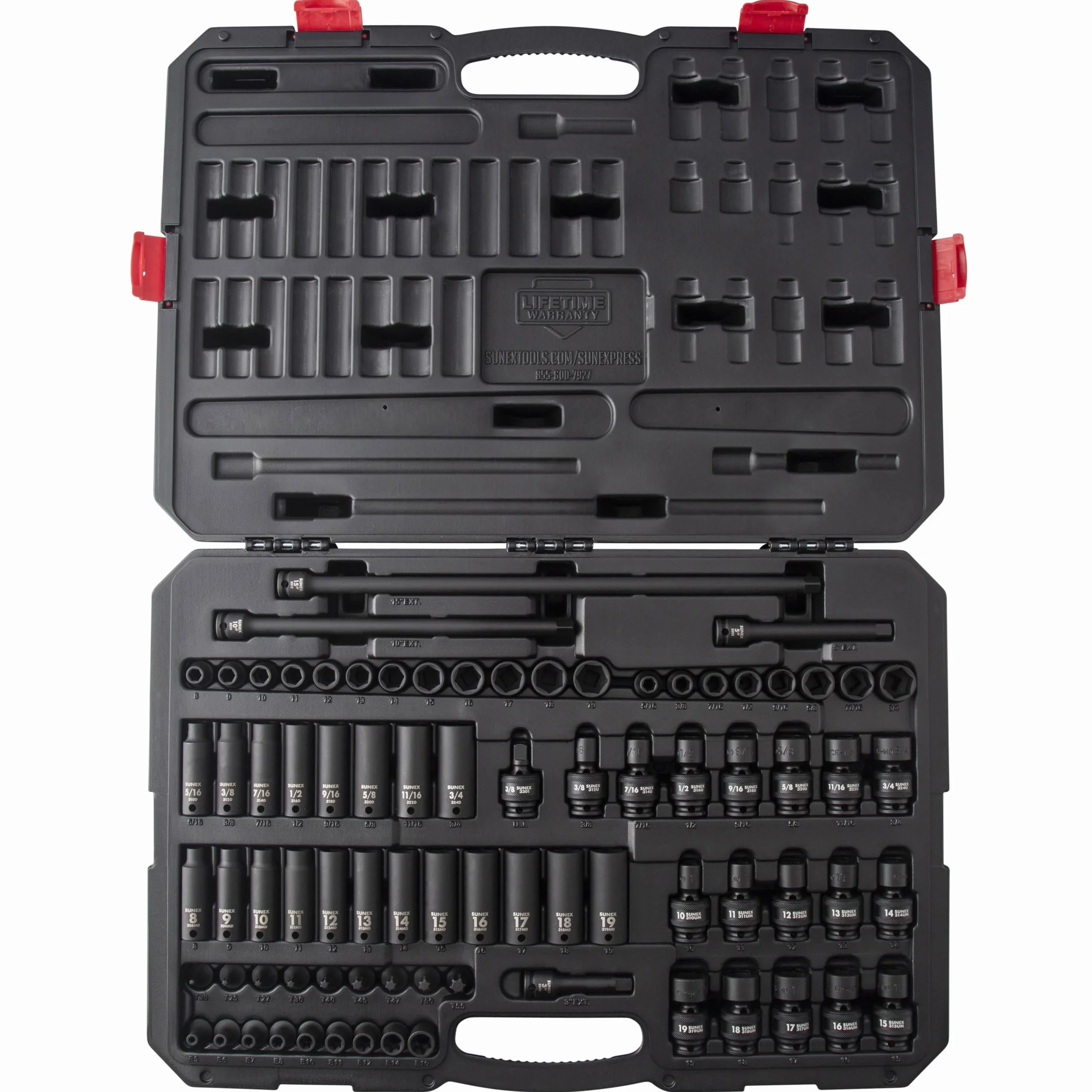 Sunex - Zestaw 80 nasadek udarowych 9 mm, SAE/metrycznych, 8-19 mm, stal Cr-Mo, kąt promieniowy, wytrzymała obudowa