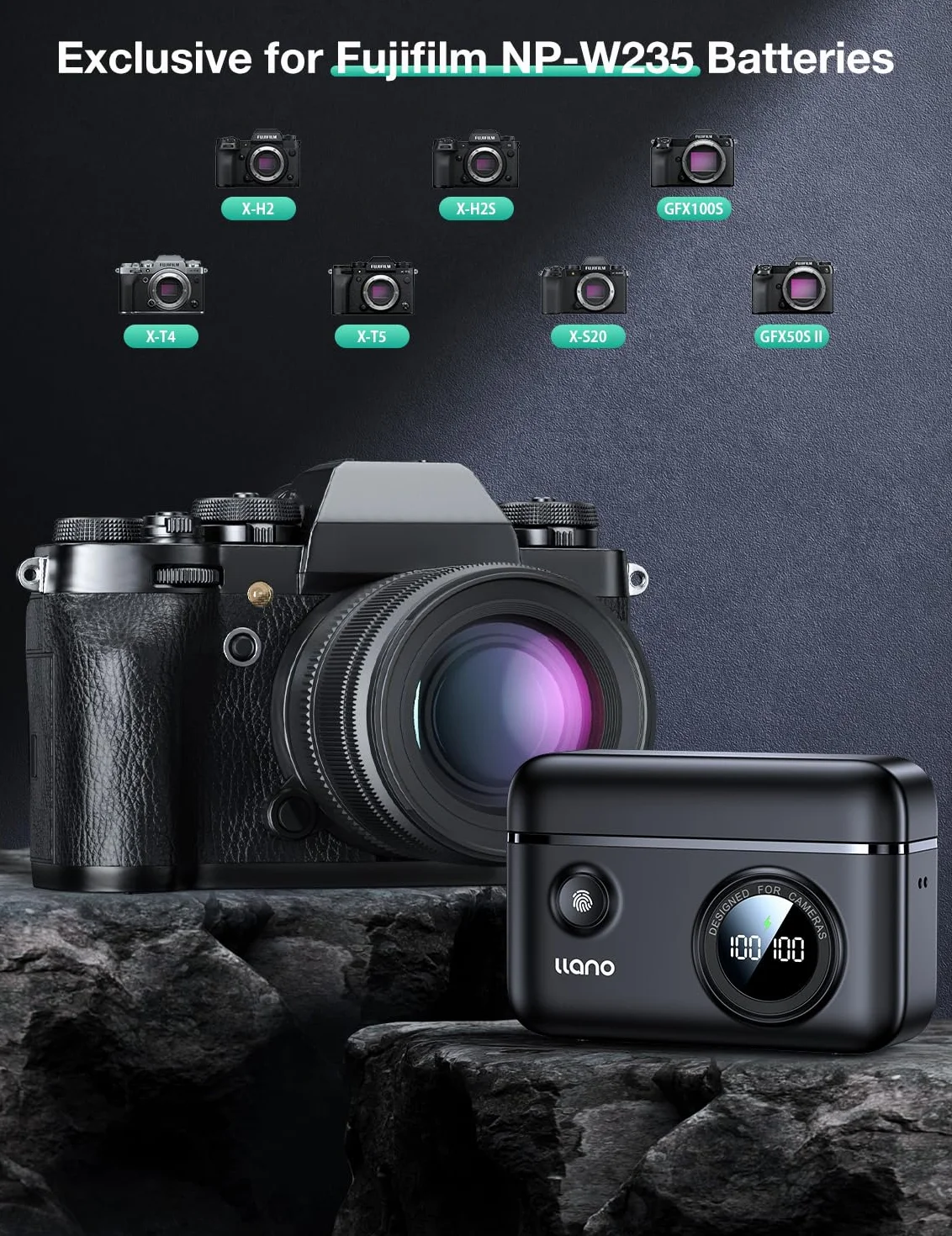 Llano NP-W235 zestaw ładowarek do Fujifilm X-T5/X-T4/XS20/X-H2/X-H2S/GFX100S, 2-pak akumulatorów 2400 mAh z ładowarką USB-C do szybkiego ładowania, PD3.0 i QC3.0, wyświetlacz cyfrowy, podwójna