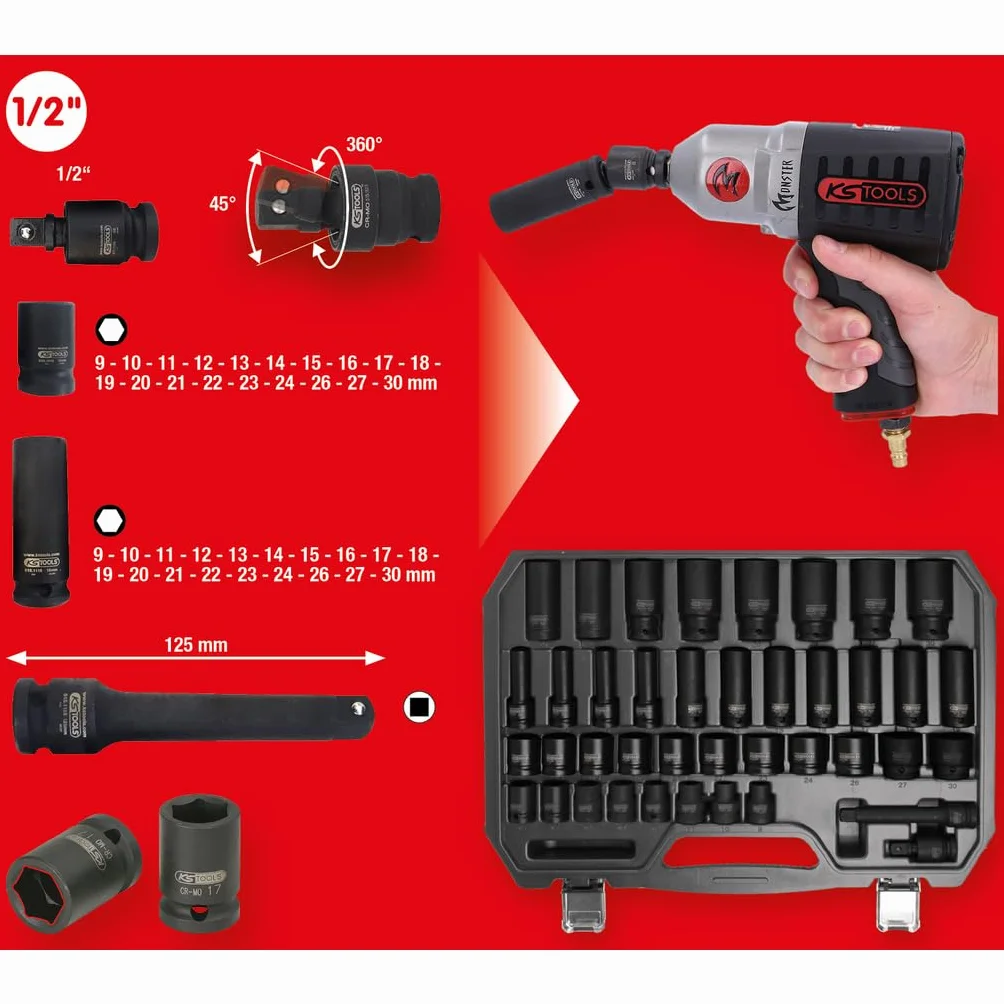 KS Tools 515.0065 1/2" Zestaw nasadek udarowych sześciokątnych, 40-szt