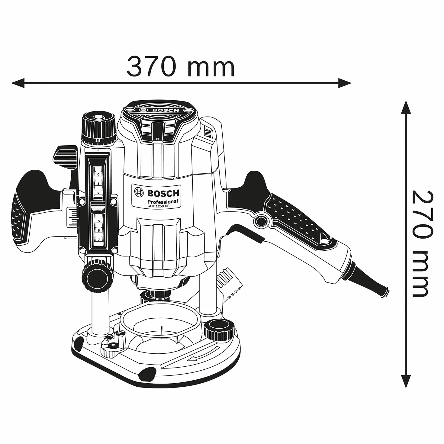 Frezarka górnowrzecionowa GOF 1250 CE Bosch Professional (klucz płaski 19 mm, prowadnica równoległa z precyzyjną regulacją, adapter do bolców kopiujących, tuleja zaciskowa, walizka L-BOXX 238)