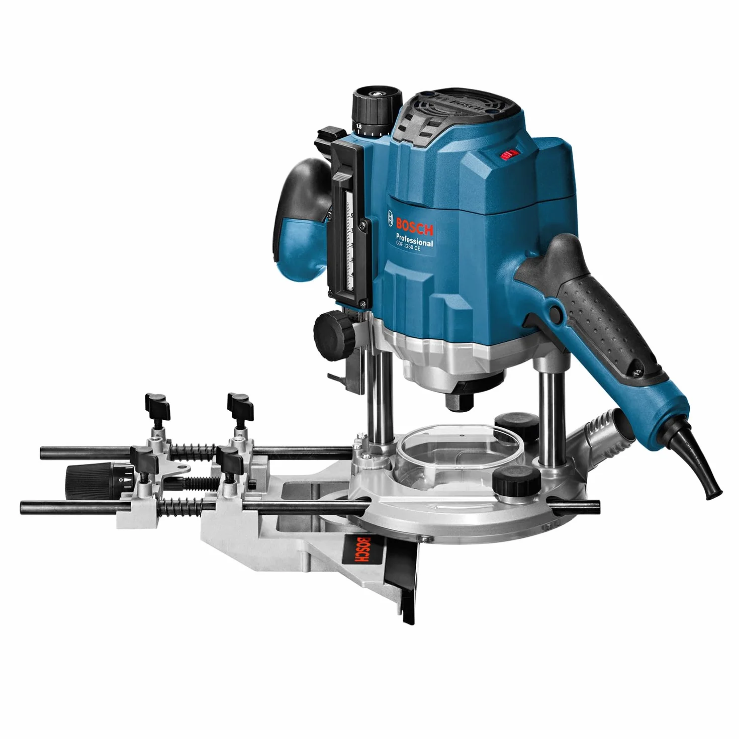 Frezarka górnowrzecionowa GOF 1250 CE Bosch Professional (klucz płaski 19 mm, prowadnica równoległa z precyzyjną regulacją, adapter do bolców kopiujących, tuleja zaciskowa, walizka L-BOXX 238)