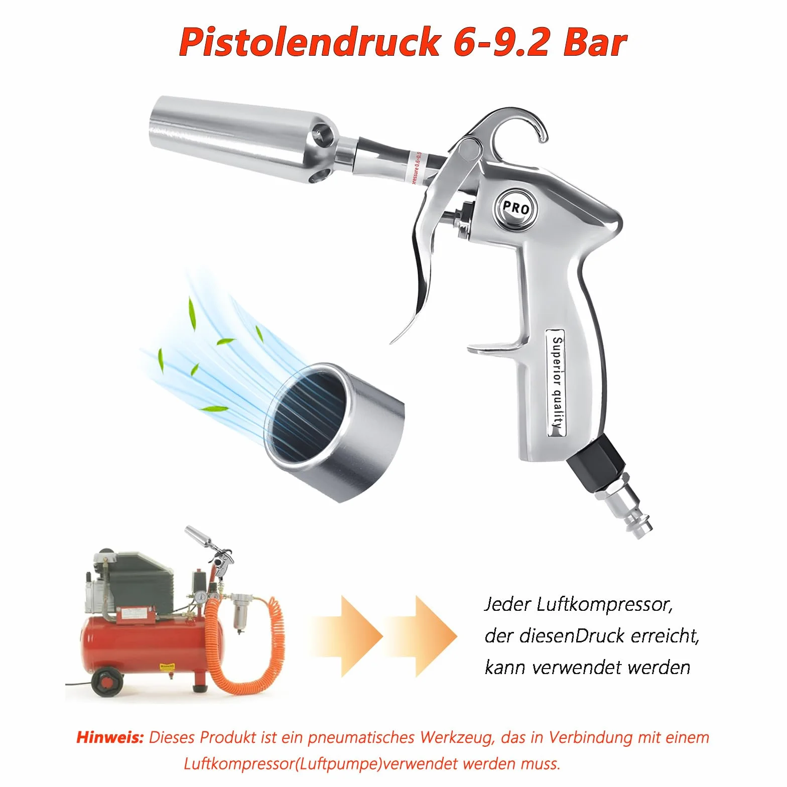 Pistolet na sprężone powietrze do szybkiego suszenia i pneumatycznego – pistolet do wydmuchiwania sprężonego powietrza z aluminiową obudową, w zestawie adapter do pistoletu do wydmuchiwania