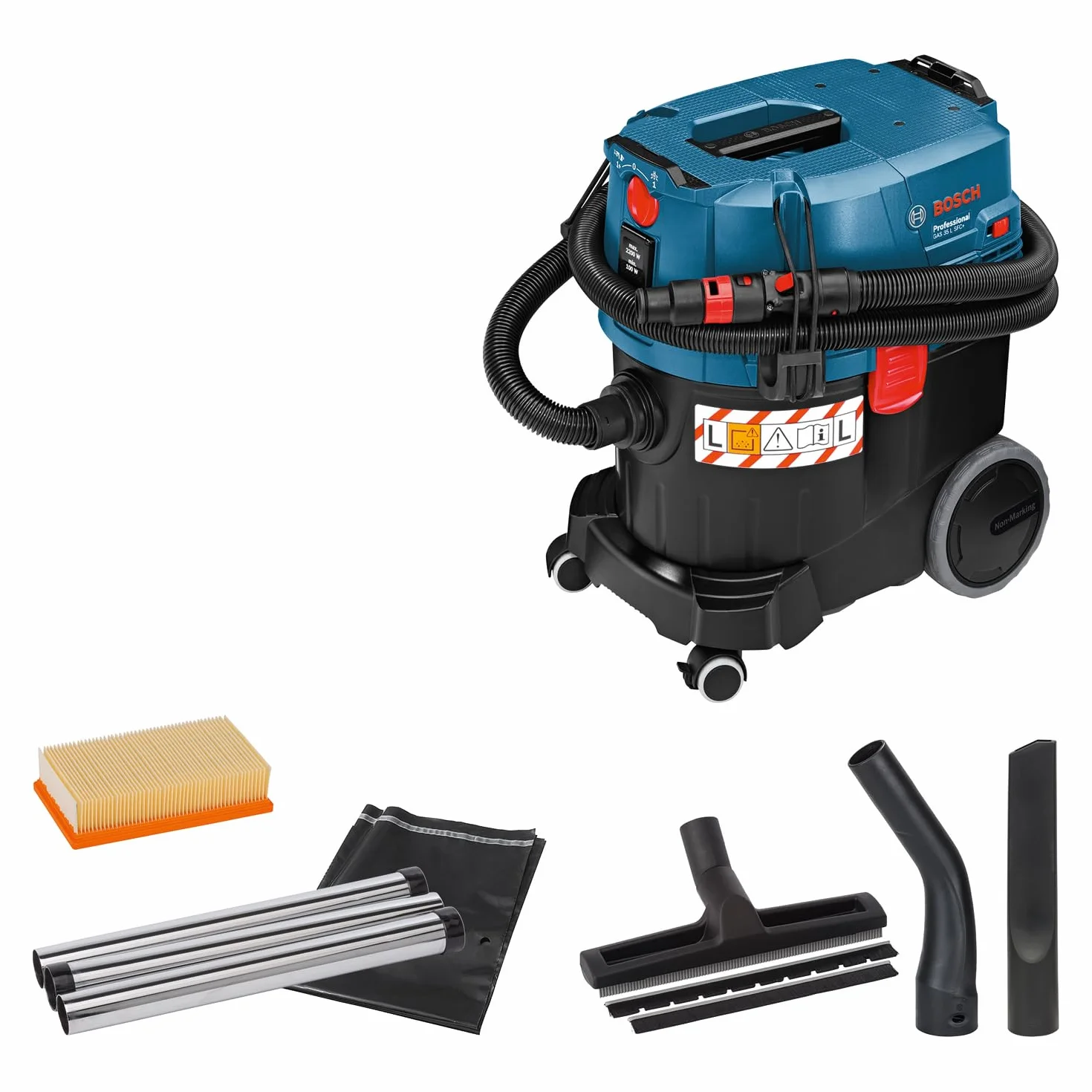 Bosch Professional: odkurzacz do pracy na mokro i sucho GAS 35 L SFC+ (1 200 W, 3 rury chromowane, wąż 3 m, zestaw dysz podłogowych, 1 filtr płaski fałdowany, worek na pył)
