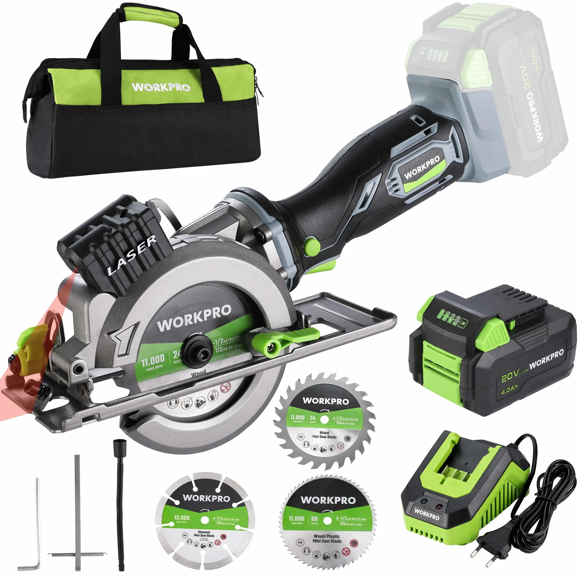 WORKPRO Mini bezprzewodowa piła tarczowa 20 V 4,0 Ah, 3500 obr./min z 3 tarczami (Ø 115 mm), z ładowarką i torbą na narzędzia, idealna do cięcia drewna, metalu, tworzywa sztucznego, PVC i płytek