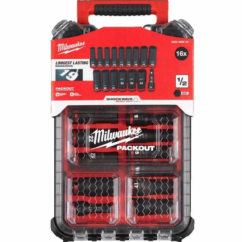 Milwaukee Shockwave 4932480943 zestaw nasadek 1/2" długości w pakiecie organizer 16-częściowy, 4932480943