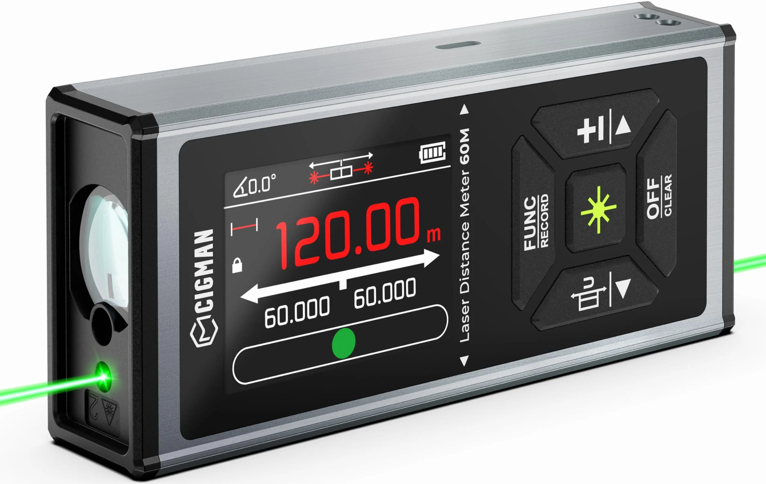 Dwustronny dalmierz laserowy zielony, wielofunkcyjny dalmierz laserowy CIGMAN 120m/390Ft z wyświetlaczem LCD, funkcją przyciągania magnetycznego, czujnikiem kąta, trybem Pitagorasa, obszarem i objętoś