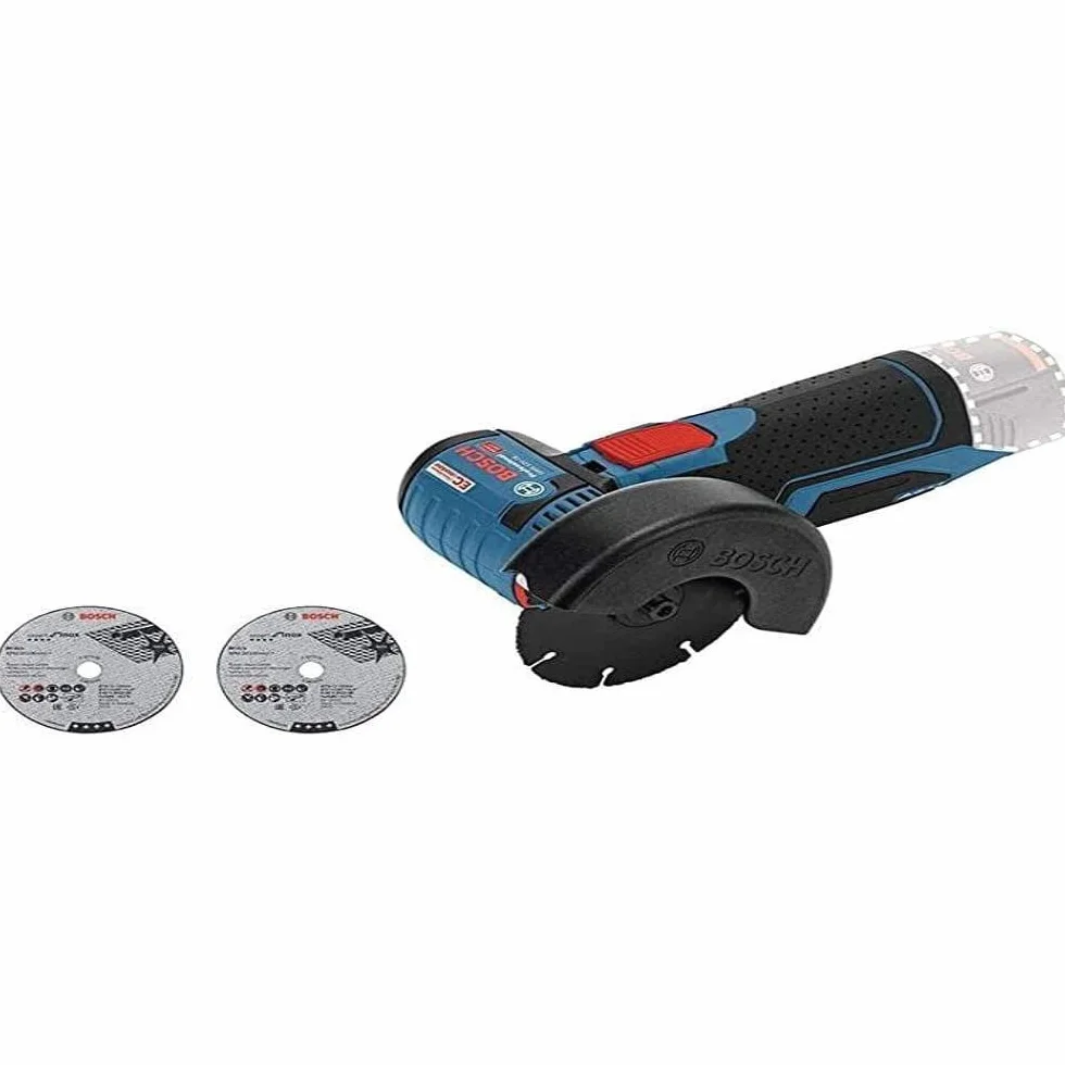 Bosch Professional system 12V: akumulatorowa szlifierka kątowa GWS 12V-76 (1 tarcza tnąca z węglików spiekanych, 2 tarcze tnące Inox, osłona)