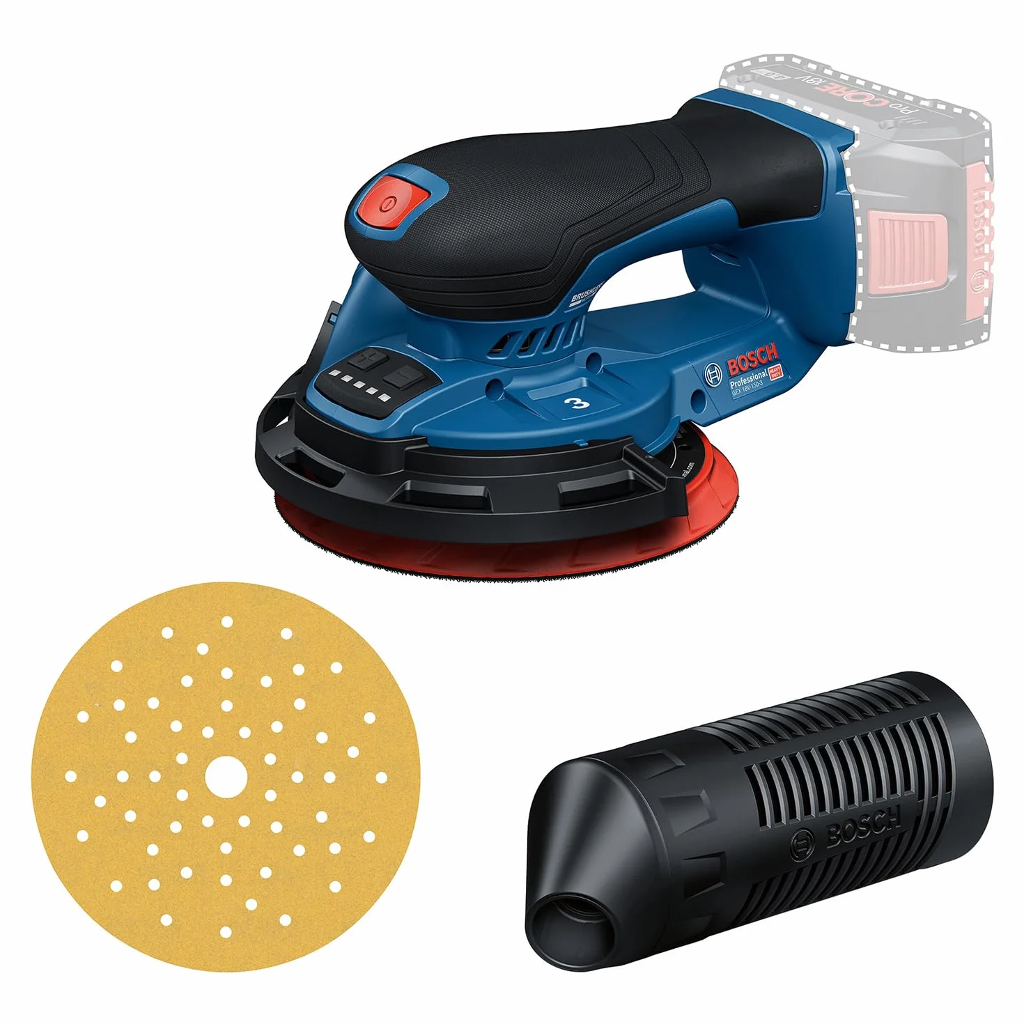Bosch Professional 18 V firmy Bosch: szlifierka akumulatorowa GEX 18V-150-3 (1x papier ścierny, 1x pojemnik na pył, 1x pierścień ochronny)