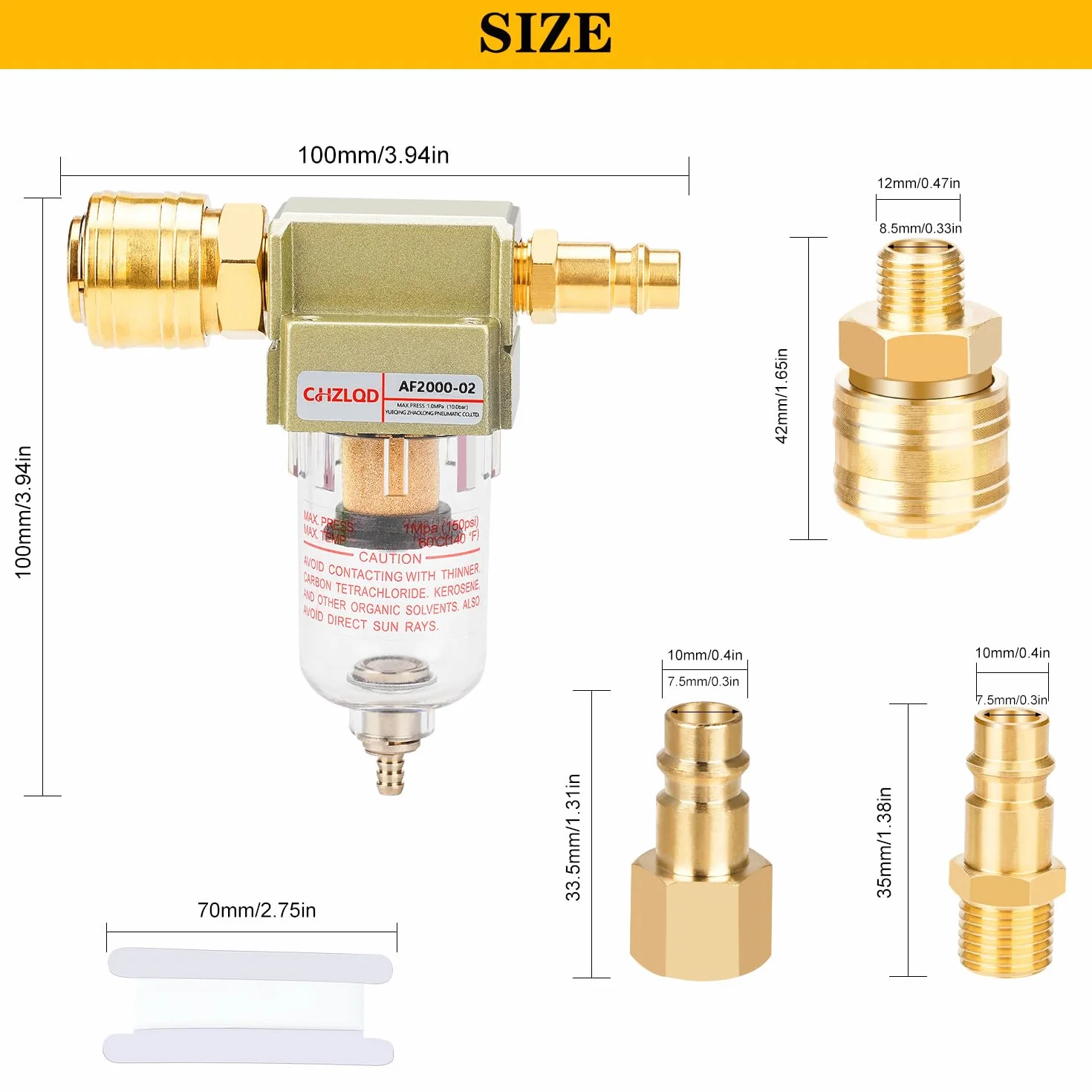 Separator wody i oleju 1/4", kompresor, separator wody sprężonego powietrza, filtr powietrza, z 4 szybkozłączkami i 2 taśmą teflonową, do montażu na sprężarkach lub jako pośrednie połączenie w