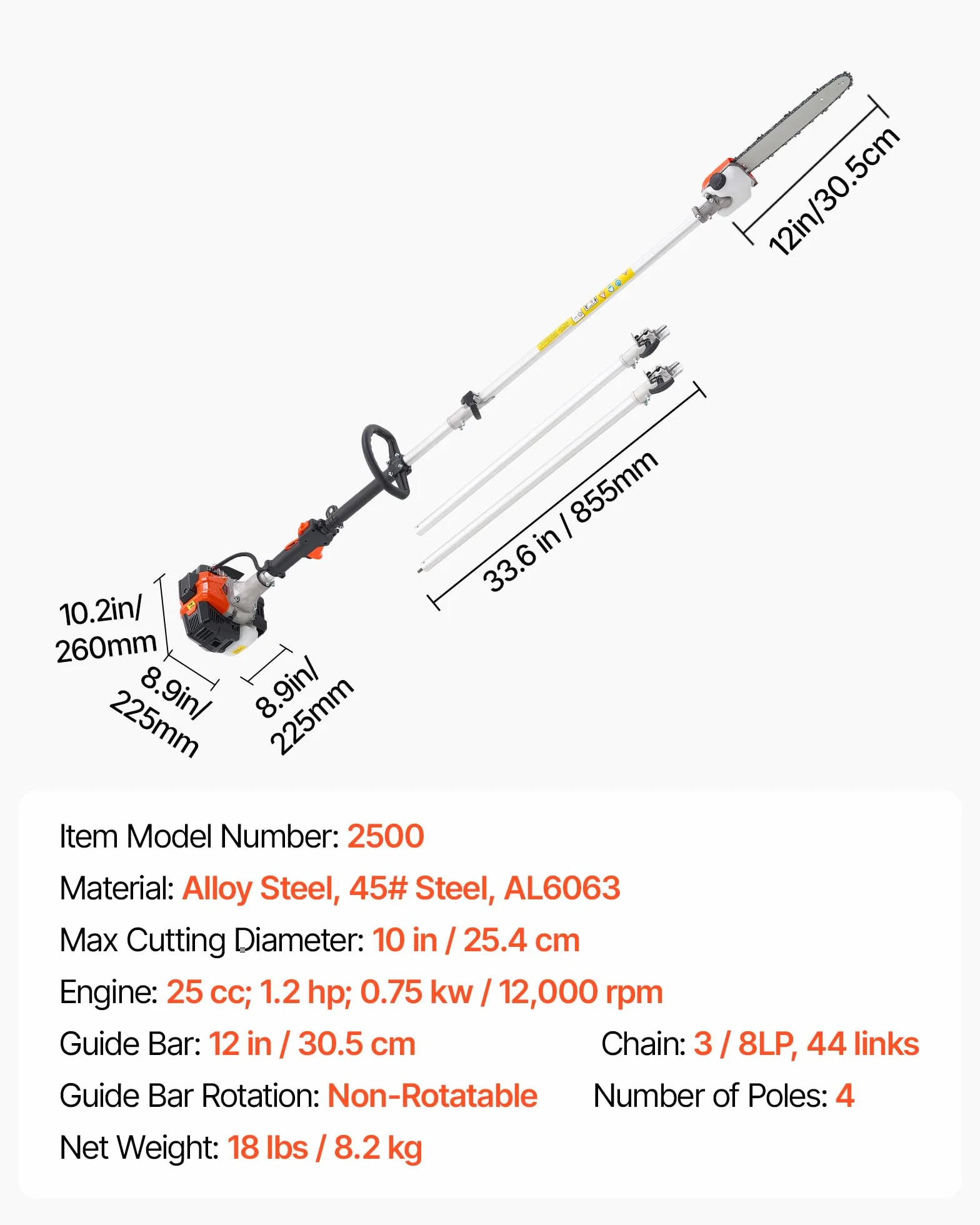 VEVOR 25cc 2-suwowa piła łańcuchowa 25 cm3 pręt tnący 30,5 cm zbiornik 650 ml wysuwane 2,12-3,6 m