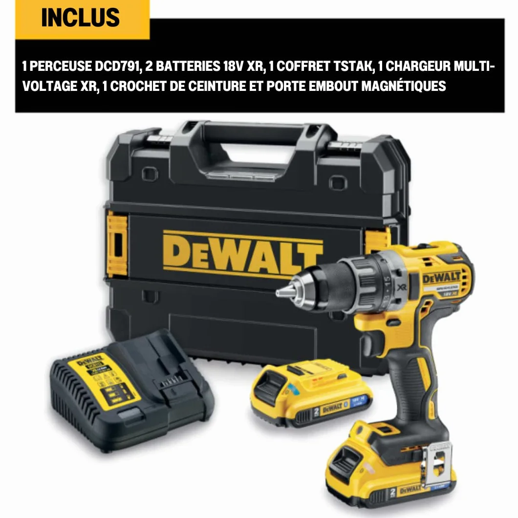 DEWALT, Wiertarko-wkrętarka 18V XR w zestawie z dwoma akumulatorami 2.0Ah litowo-jonowymi XR, DCD791D2