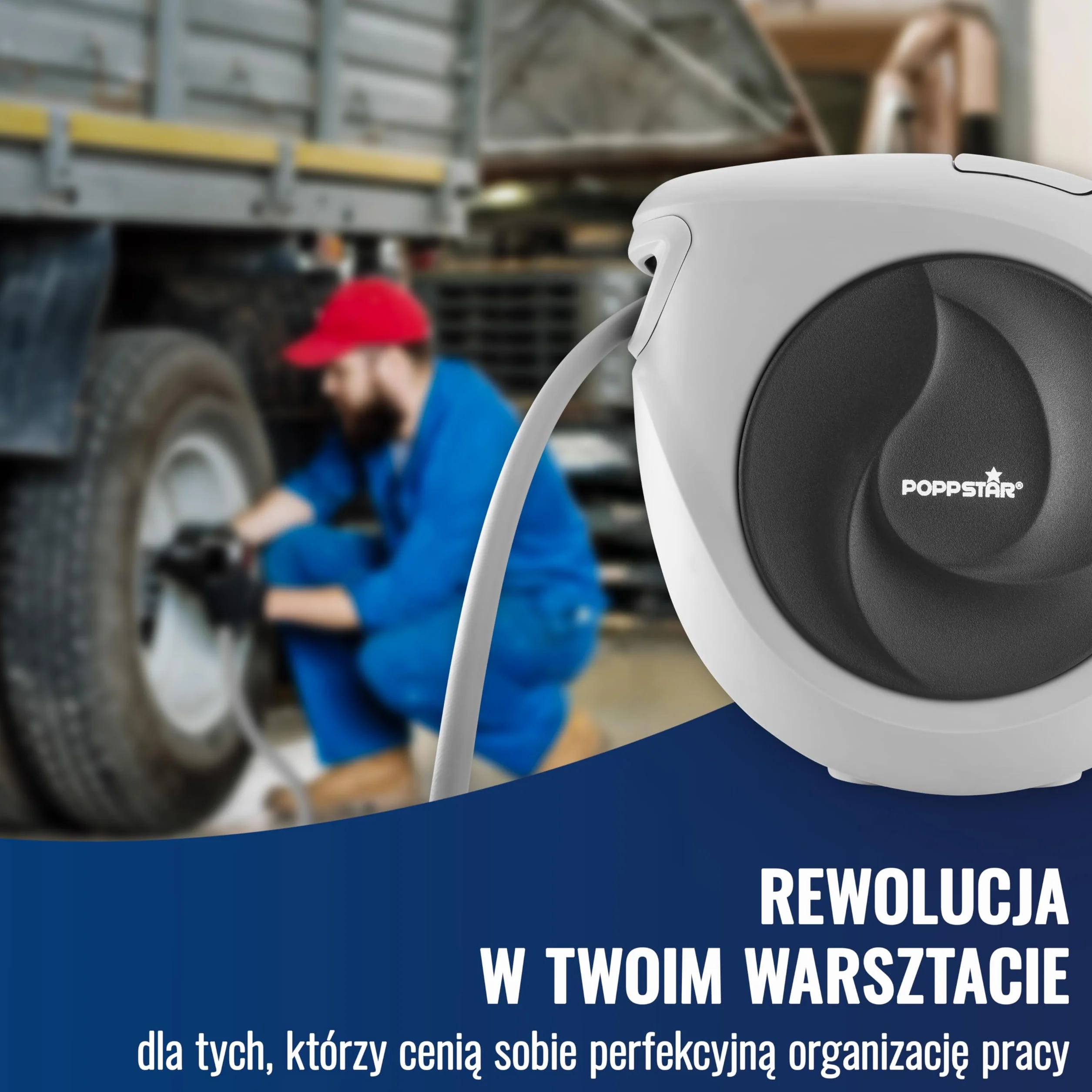 Poppstar wąż pneumatyczny zwijany (15m+1,1m, średnica 3/8"(9,2x14mm) szybkozłączka 1/4" BSPT) automatyczny zwijacz węża pneumatycznego