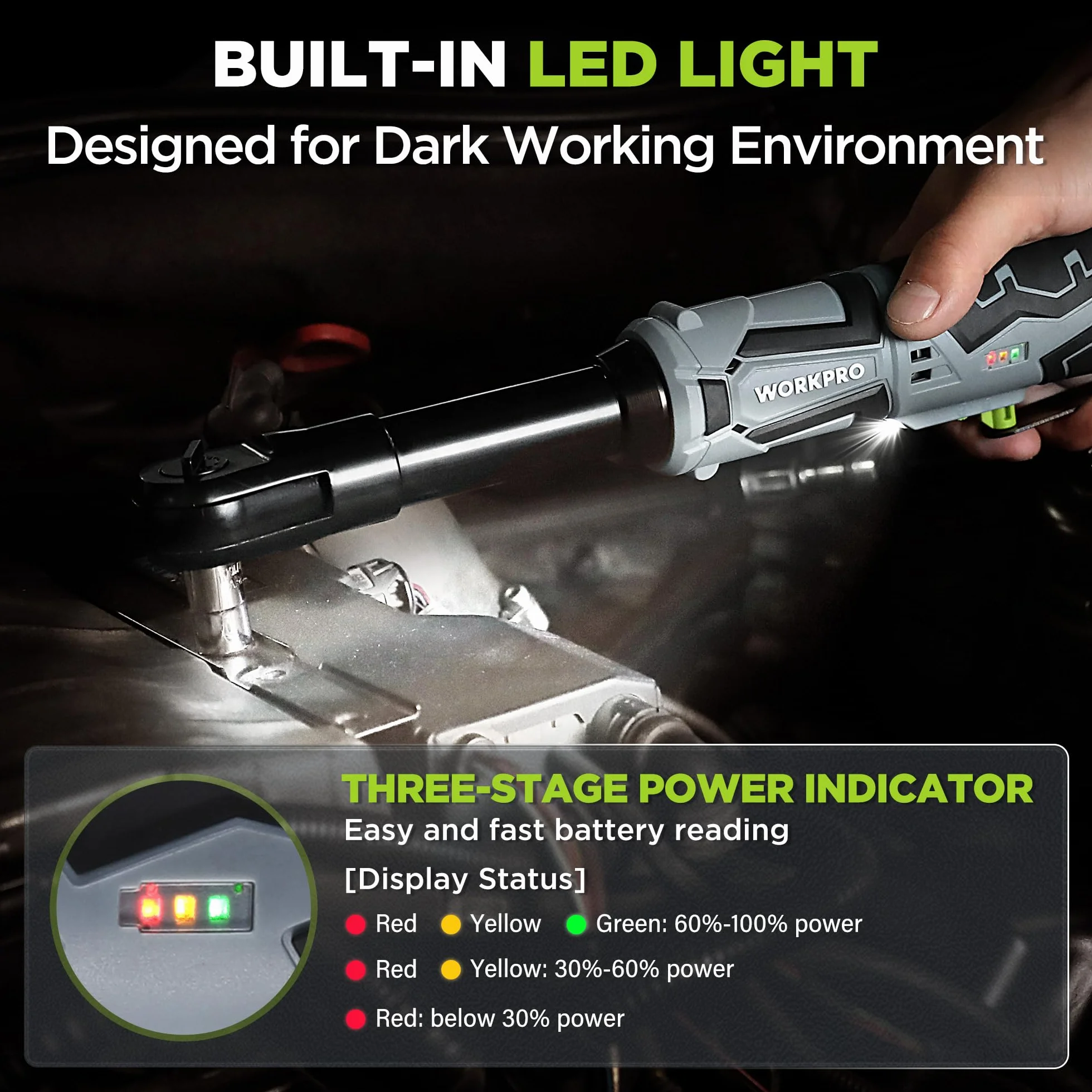 WORKPRO Akumulatorowy klucz zapadkowy 12 V 55 Nm, z 2 akumulatorami 2,0 Ah, zestaw 10 kluczy nasadowych 3/8", światło LED, torba