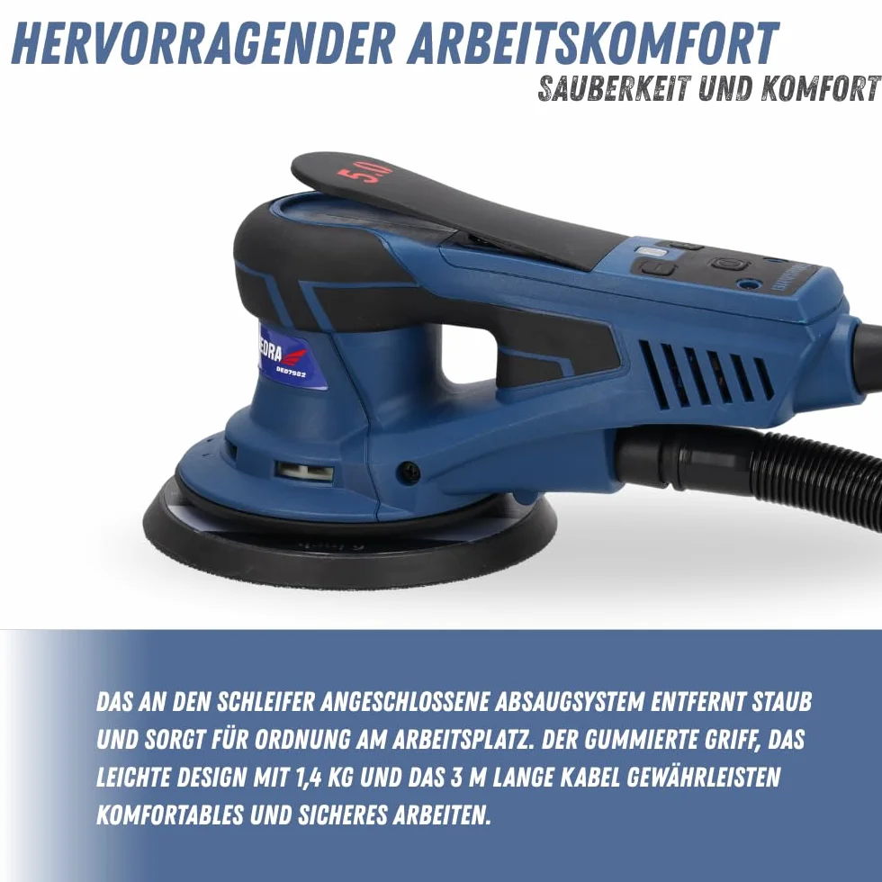 Szlifierka mimośrodowa DEDRA 350 W, Ø 150 mm – bezszczotkowa, regulowana prędkość obrotowa 4000-10000 obr./min, odsysanie pyłu, ergonomiczny design z miękkim uchwytem, w zestawie zestaw akcesoriów