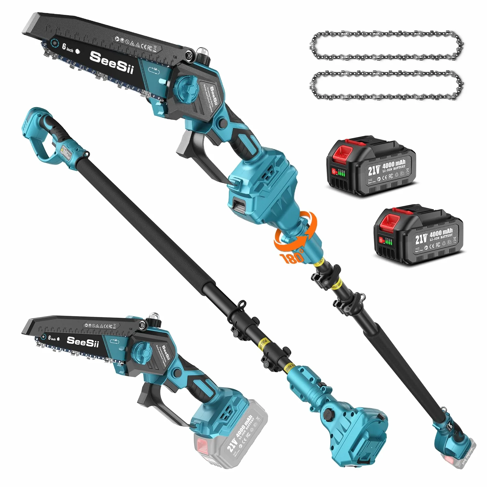 SEESII Akumulatorowa piła łańcuchowa 2 w 1 bezszczotkowa mini z 2 bateriami 4000 mAh, zasięg 4,87 m