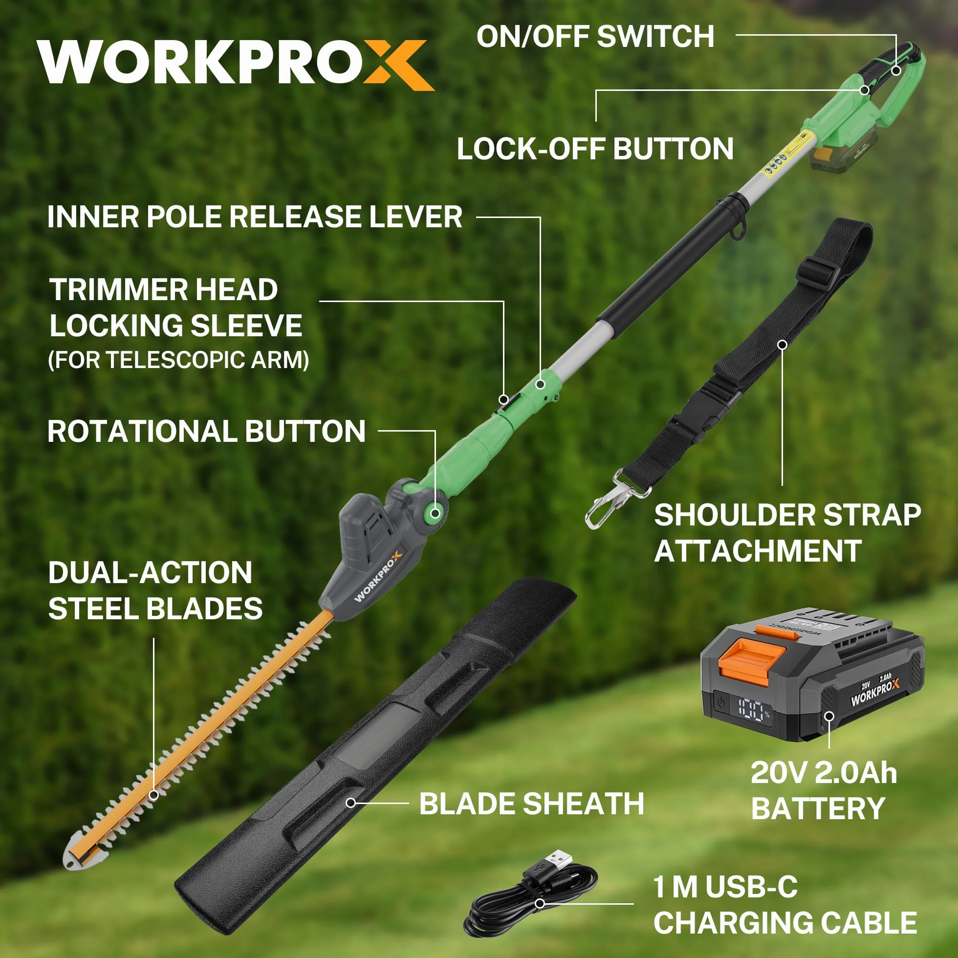 WORKPRO akumulatorowe nożyce teleskopowe do żywopłotu 20 V 2,0 Ah długość cięcia 2,8 m
