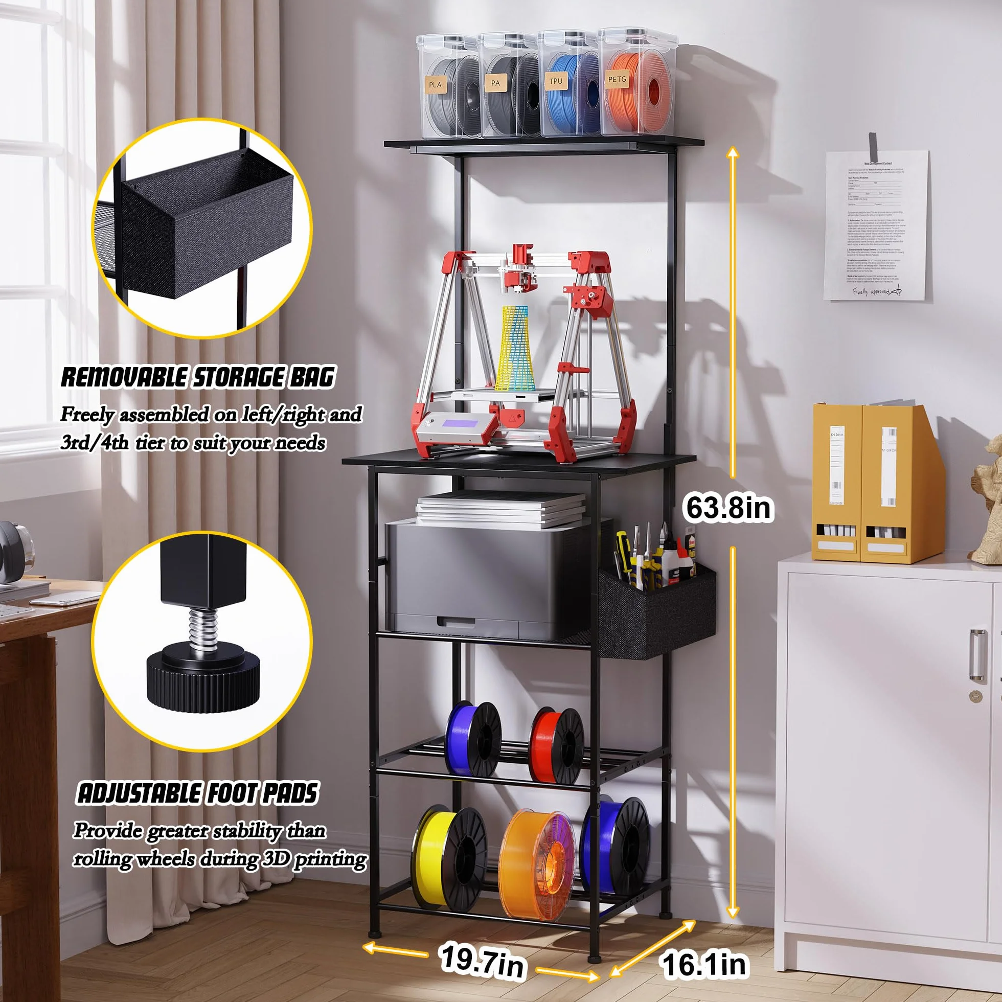 Stolik do drukarki 3D, 5-poziomowy metalowy stojak z miejscem na filament, do biura