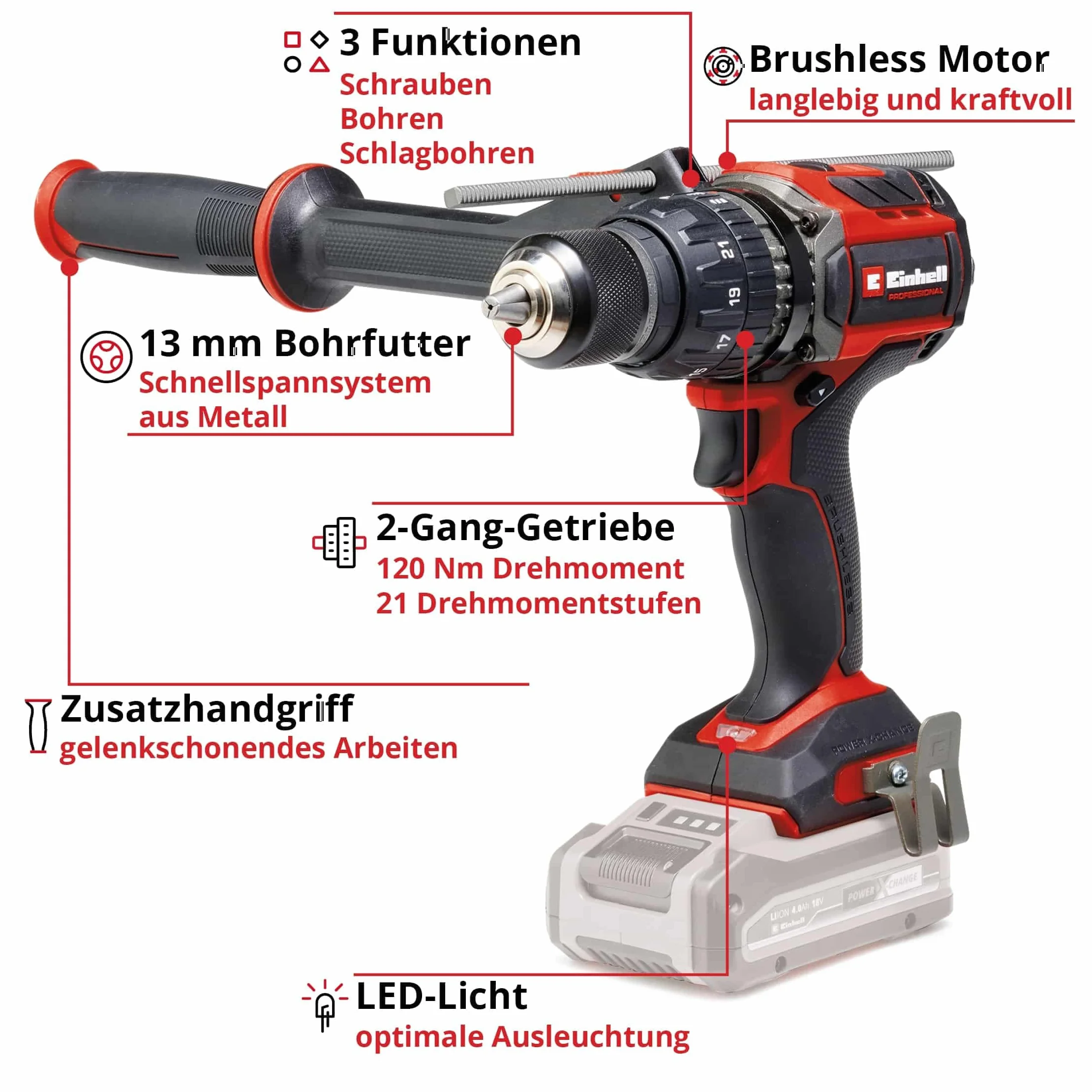 Einhell Profesjonalna akumulatorowa wiertarko-wkrętarka udarowa TP-CD 18/120 Li-i BL-Solo Power X-Change (18 V, bezszczotkowa, 120 Nm, funkcja wiercenia udarowego, uchwyt wiertarski 13 mm, 2-biegowy,
