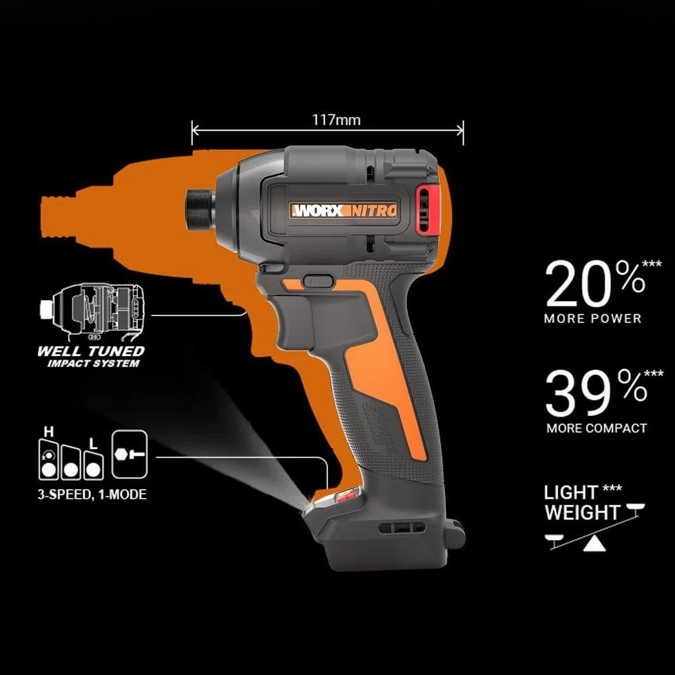 WORX Nitro akumulatorowa wkrętarka udarowa 20 V WX265.9 – wydajny silnik bezszczotkowy – 3 poziomy prędkości i 2 tryby – moment obrotowy 200 Nm – 3400 obr./min – lekka i kompaktowa – bez akumulatora i