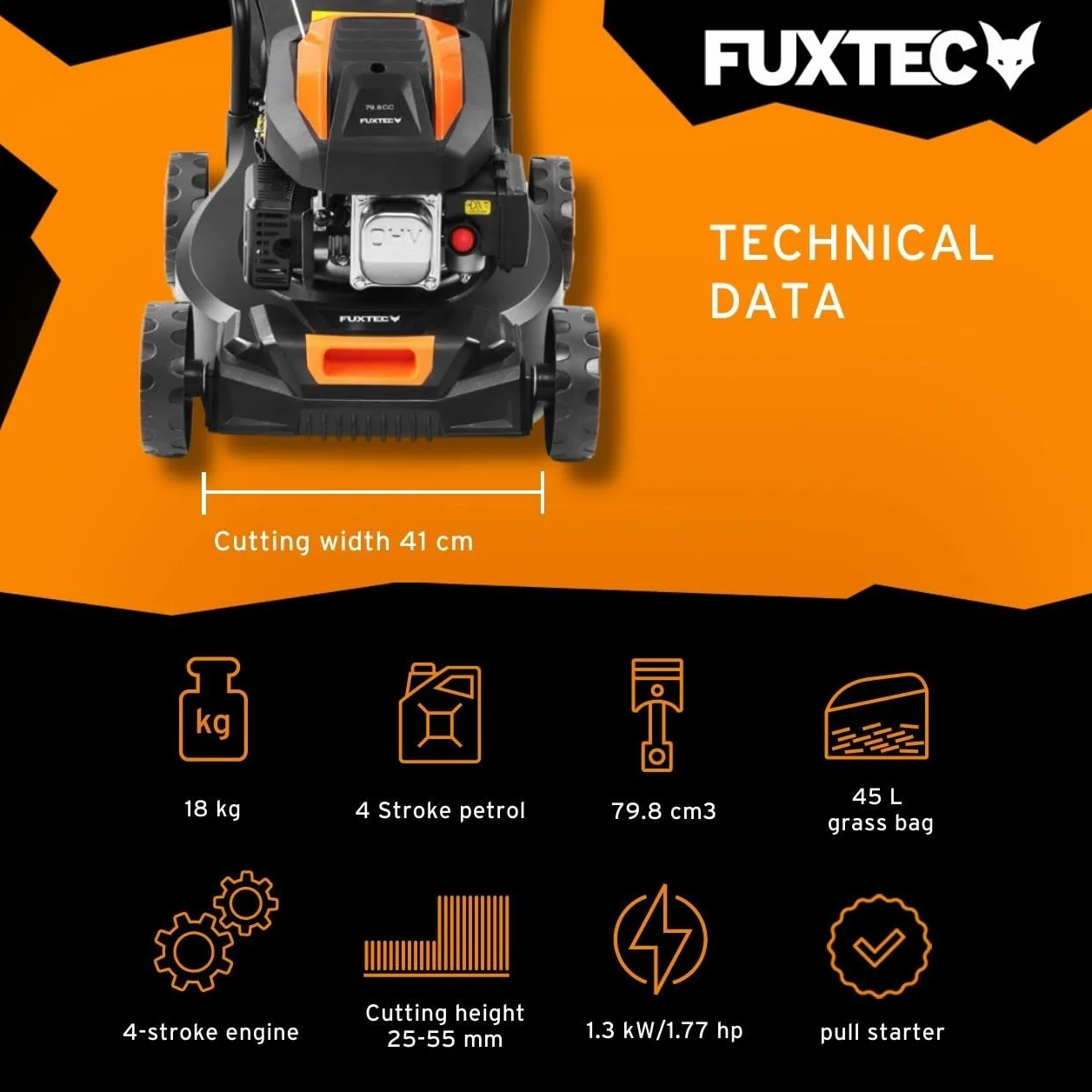 Kosiarka spalinowa FUXTEC FX-RM4180 1,8KM 1,3kW | waga tylko 18kg | szerokosc koszenia 40cm i 3-stopniowa regulacja wysokosci koszenia 25-55mm | 4-suwowa kosiarka 80ccm - w zestawie kosz na trawe 45L