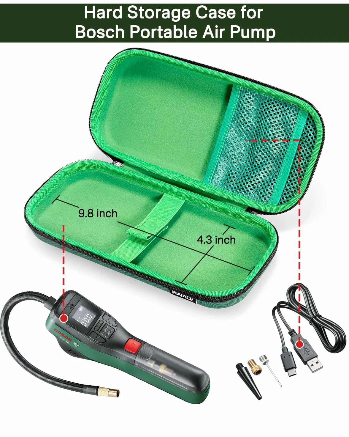 RAIACE Twarda walizka podróżna, kompatybilna z pompką powietrzną Bosch/mini kompresorem EasyPump, z kieszenią z siatki na kable i akcesoria