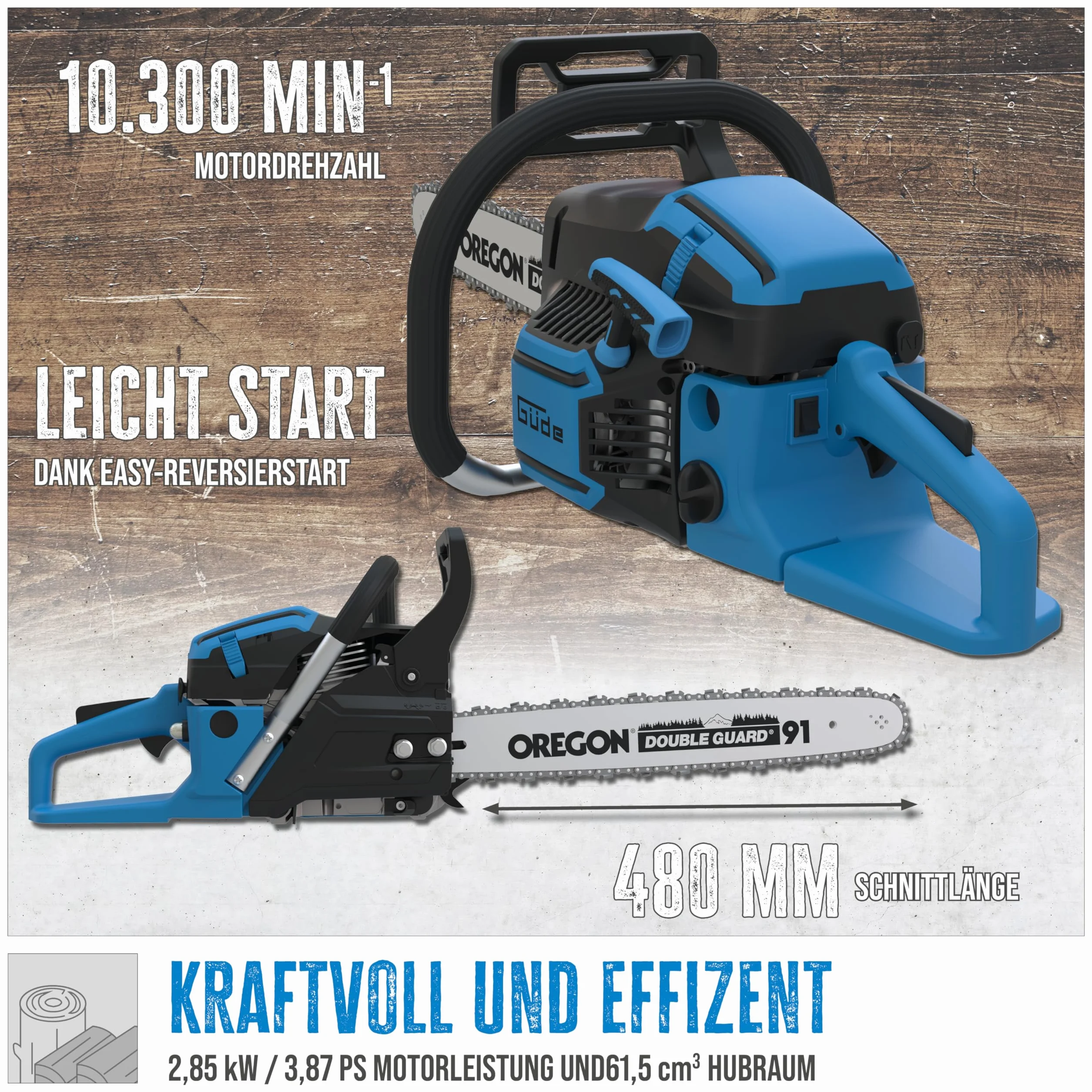 Güde Piła łańcuchowa KS 500-62 spalinowa (pojemność skokowa 62 cm³, długość cięcia 48 cm, moc silnika 2,85 kW / 3,9 KM, certyfikat GS, maks. prędkość łańcucha, 22 m/s system łatwego rozruchu, w