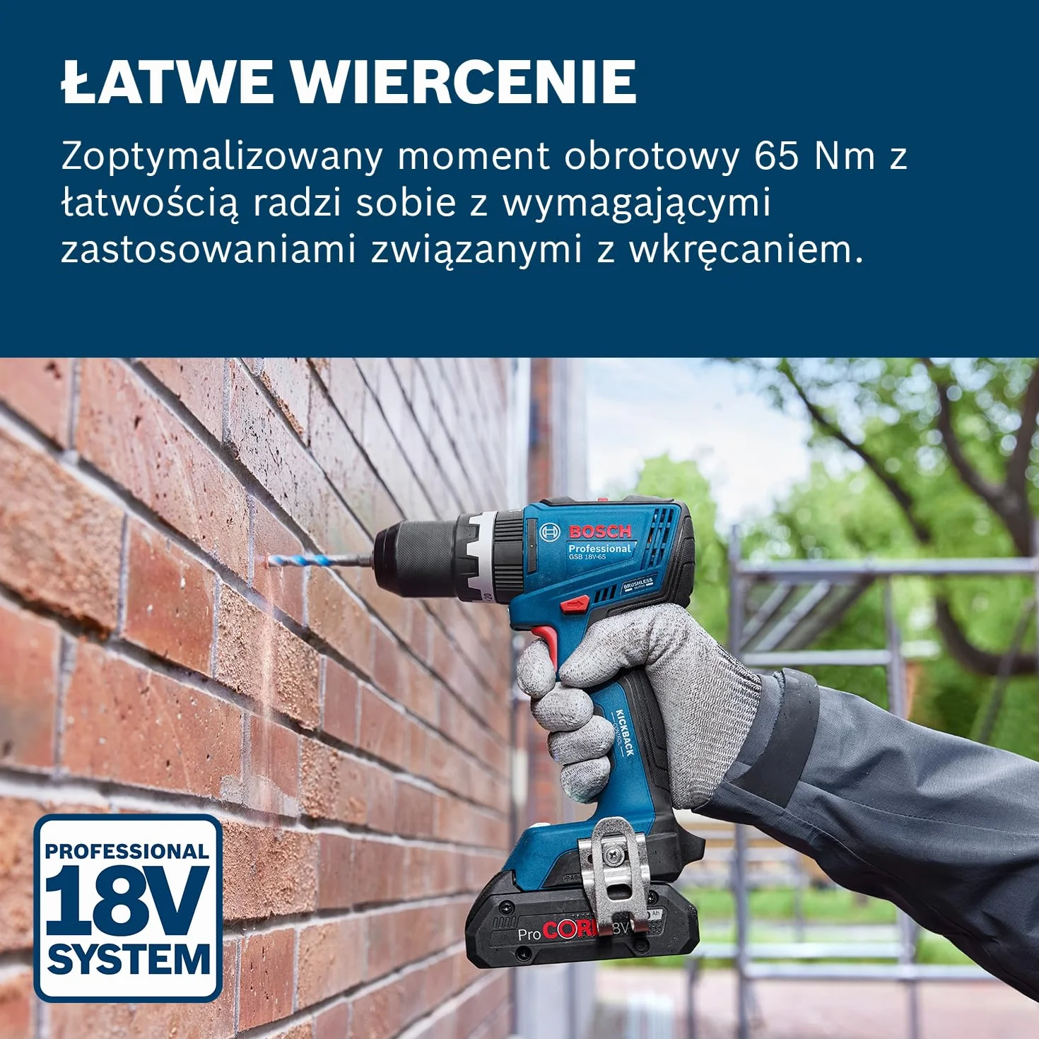 Bosch Professional 18 V firmy Bosch: wiertarko-wkrętarka akumulatorowa GSB 18V-65 (silnik bezszczotkowy, długość korpusu 175 mm, walizka L-BOXX)
