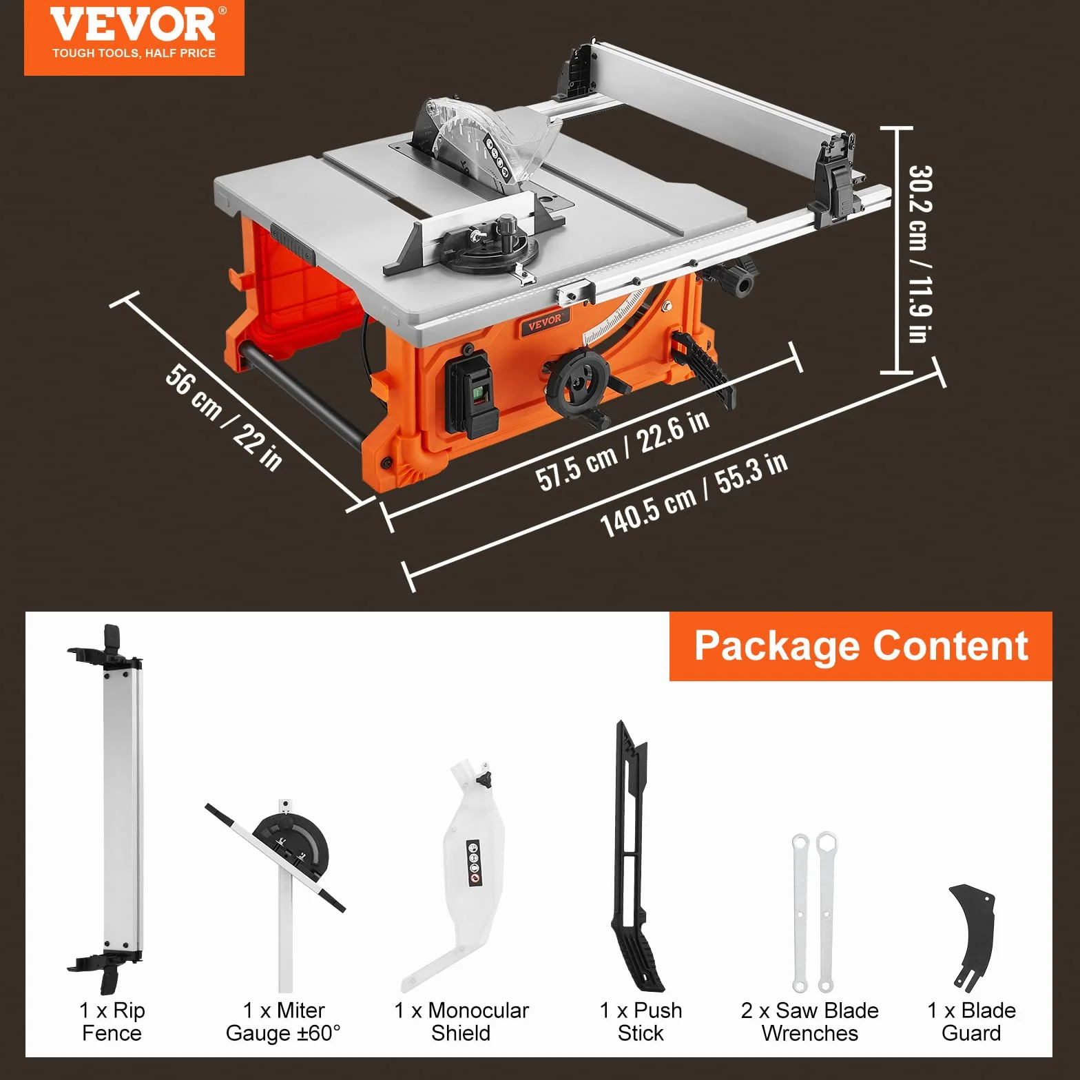 VEVOR Piła tarczowa Pojemność cięcia 625 mm Piła stołowa Pro 4400 obr./min 1800 W, cięcie poprzeczne 85 mm 90°, cięcie skokowe 60 mm 45°, do cięcia drewna, stolarki, warsztatu, na zewnątrz