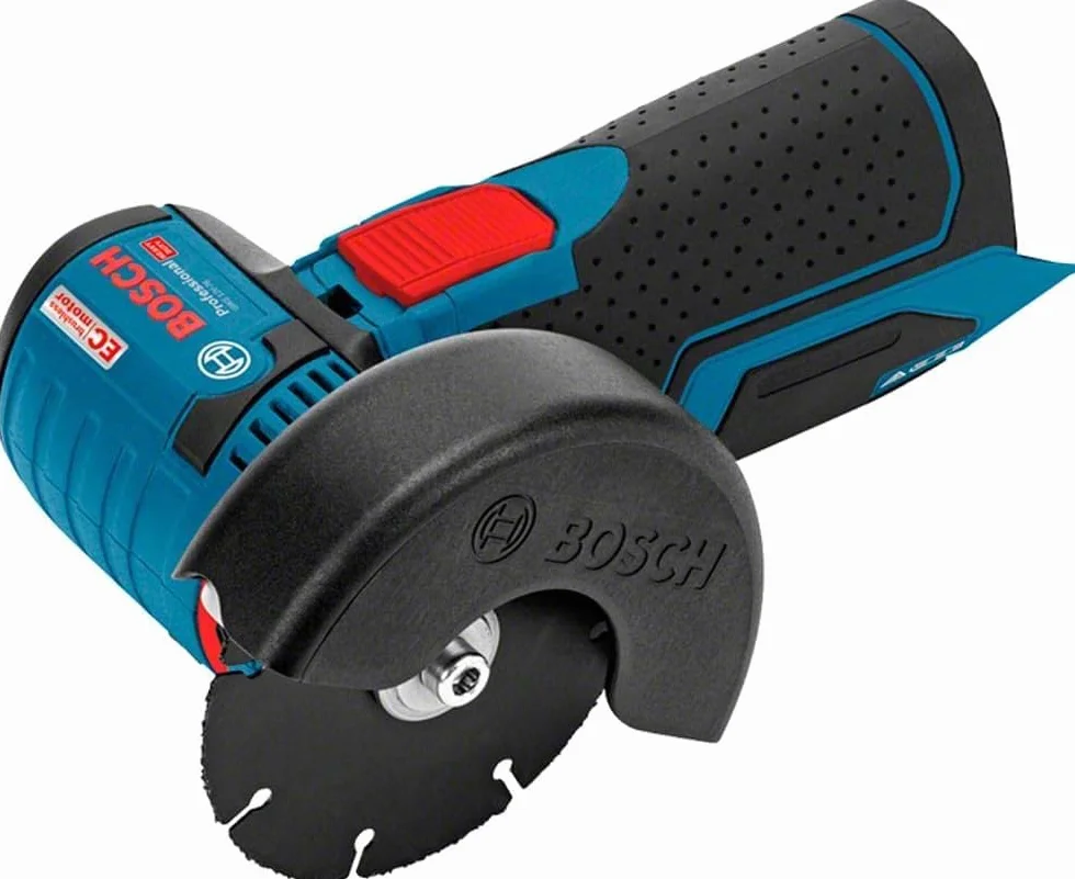 Bosch Professional system 12V: akumulatorowa szlifierka kątowa GWS 12V-76 (1 tarcza tnąca z węglików spiekanych, 2 tarcze tnące Inox, osłona)