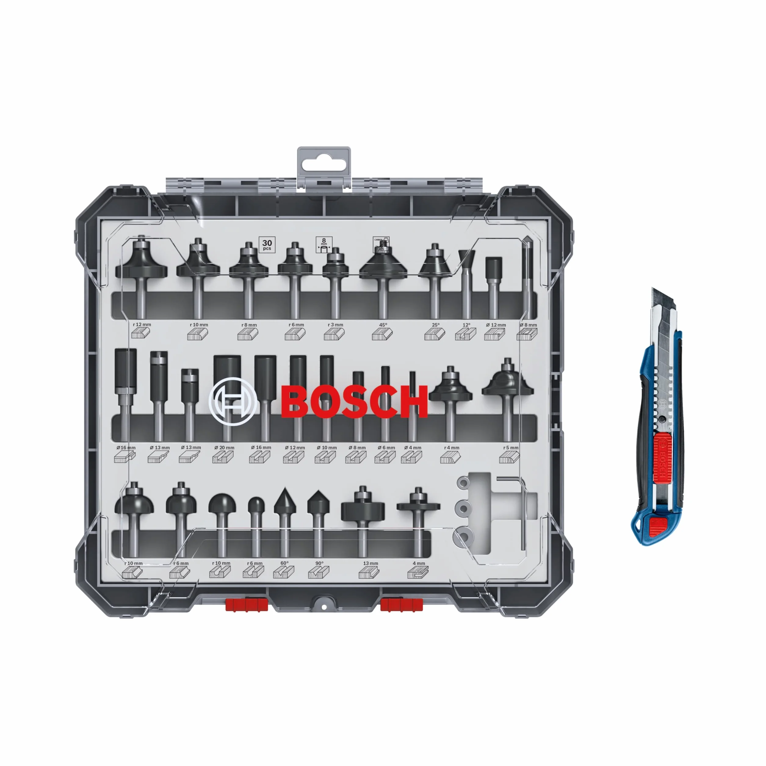 Bosch Professional 30-częściowy zestaw frezów z nożem tnącym (do drewna, trzpień Ø 8 mm, akcesoria frezarki górnowrzecionowe)