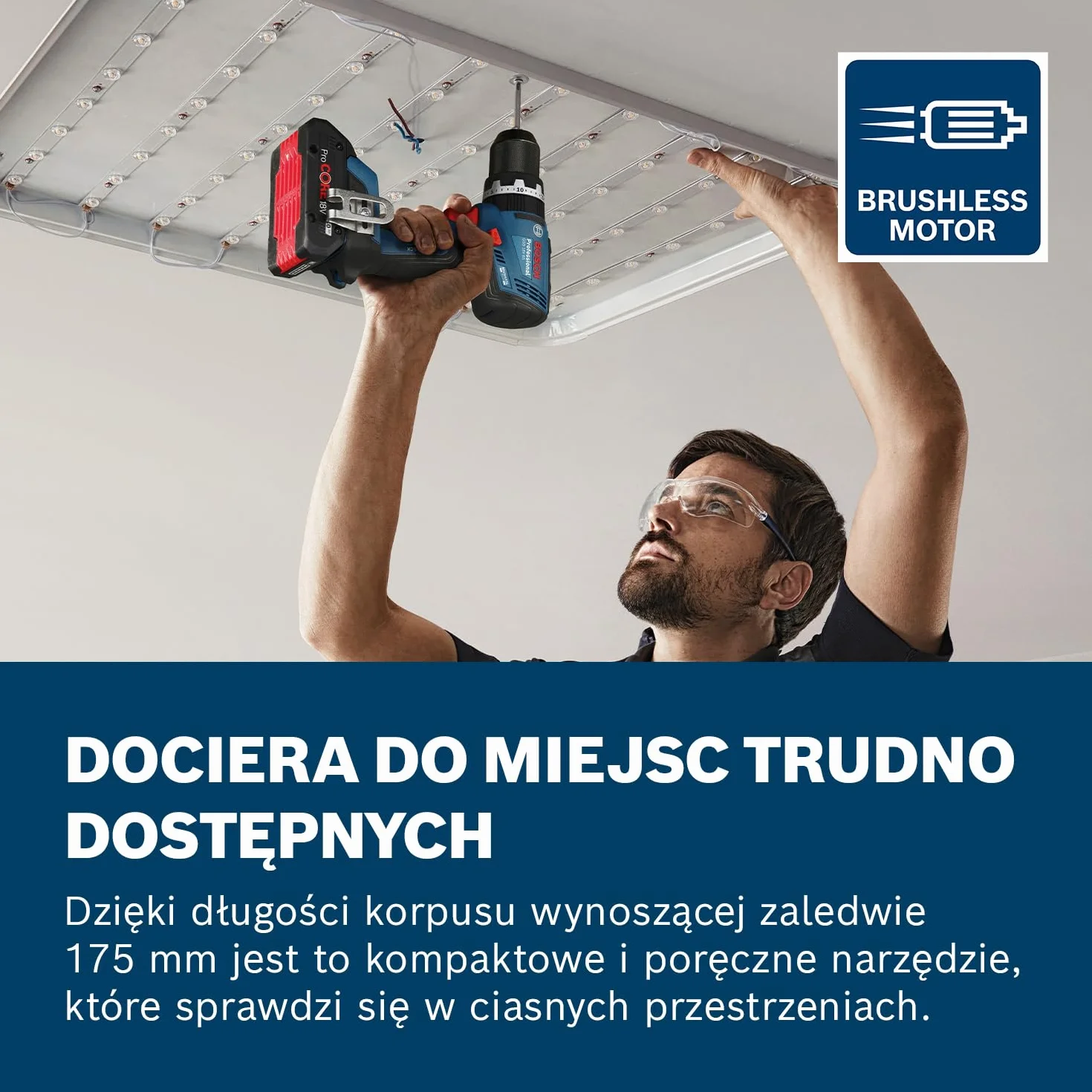 Bosch Professional 18 V firmy Bosch: wiertarko-wkrętarka akumulatorowa GSB 18V-65 (silnik bezszczotkowy, długość korpusu 175 mm, walizka L-BOXX)