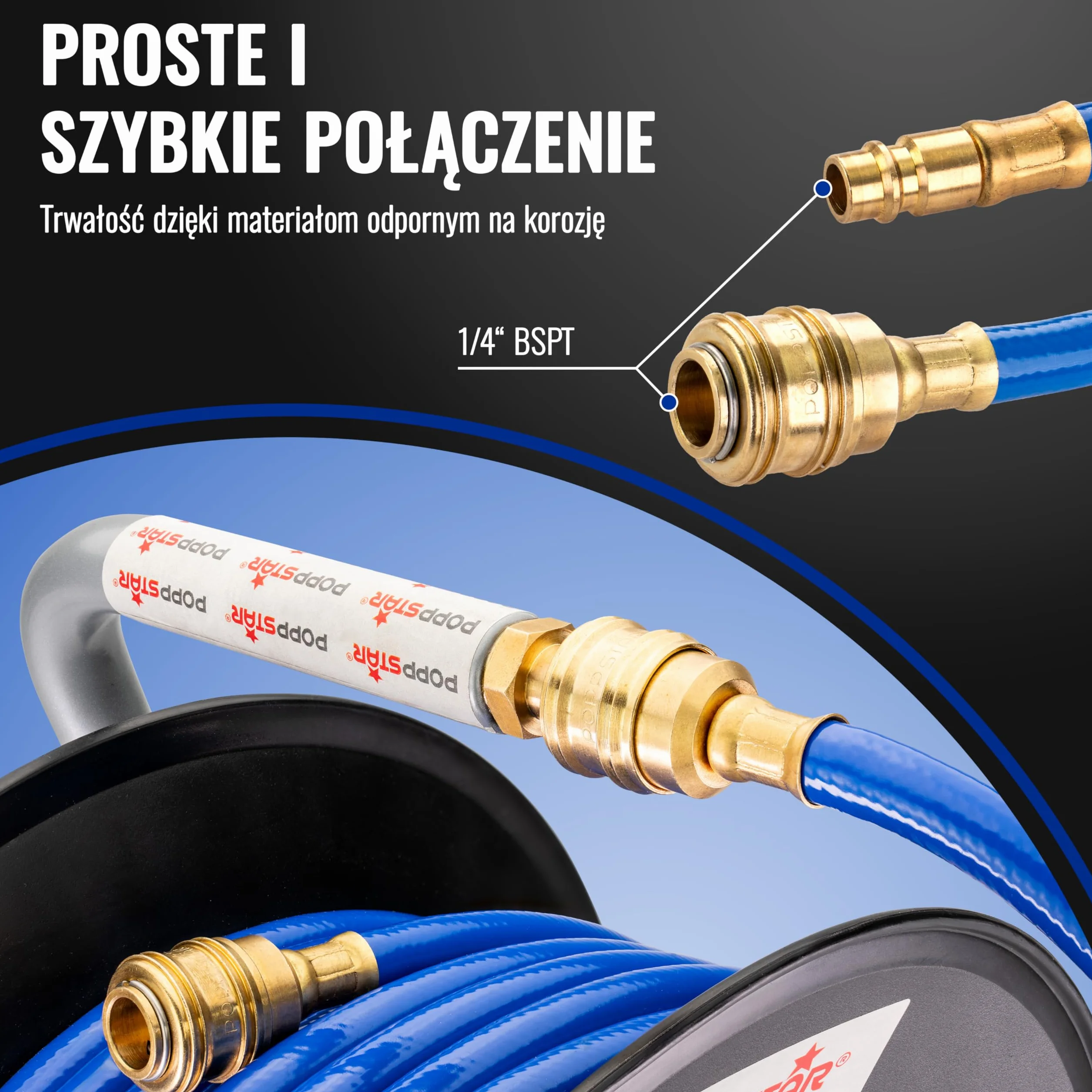 Poppstar ręczny bęben wykonany z PVC na wąż do sprężonego powietrza (długość 20m+1,5m, średnica (6x11,5mm)), przyłącza 1/4 cala BSPT