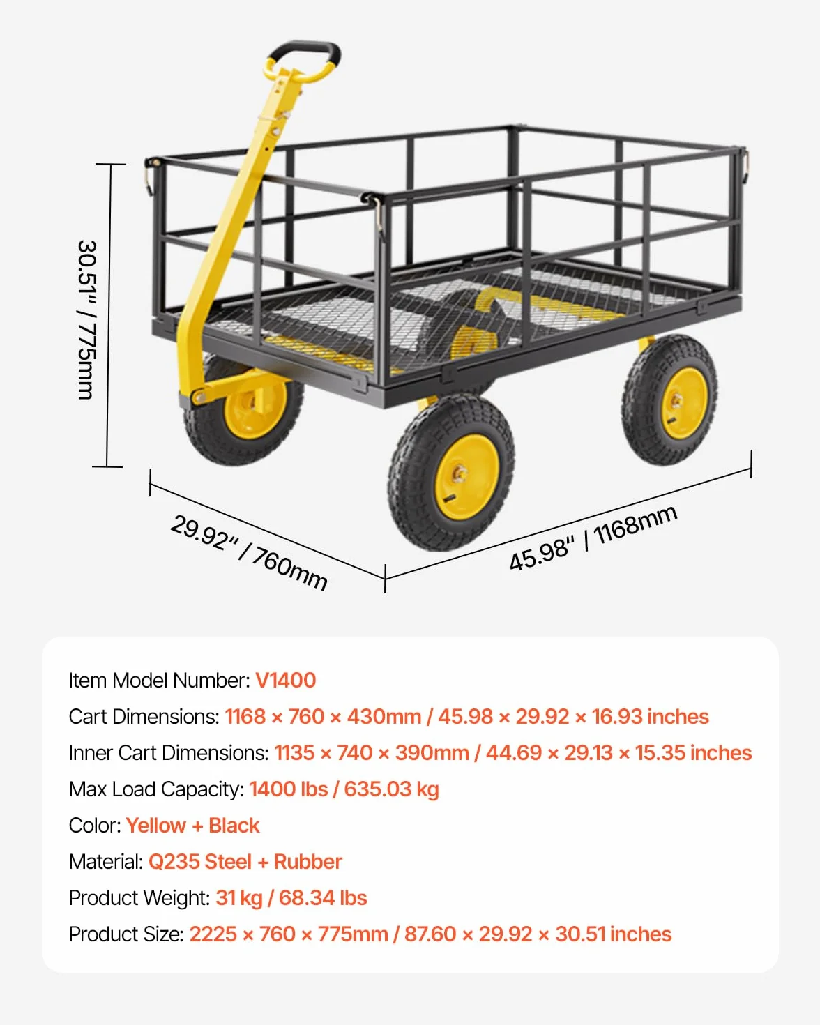 VEVOR Wózek ogrodowy ze stali nierdzewnej 635 kg Heavy Duty Holowanie Wózek ogrodowy, Zewnętrzna metalowa przyczepa ogrodowa z oponami 330 mm Zdejmowane boki z siatki