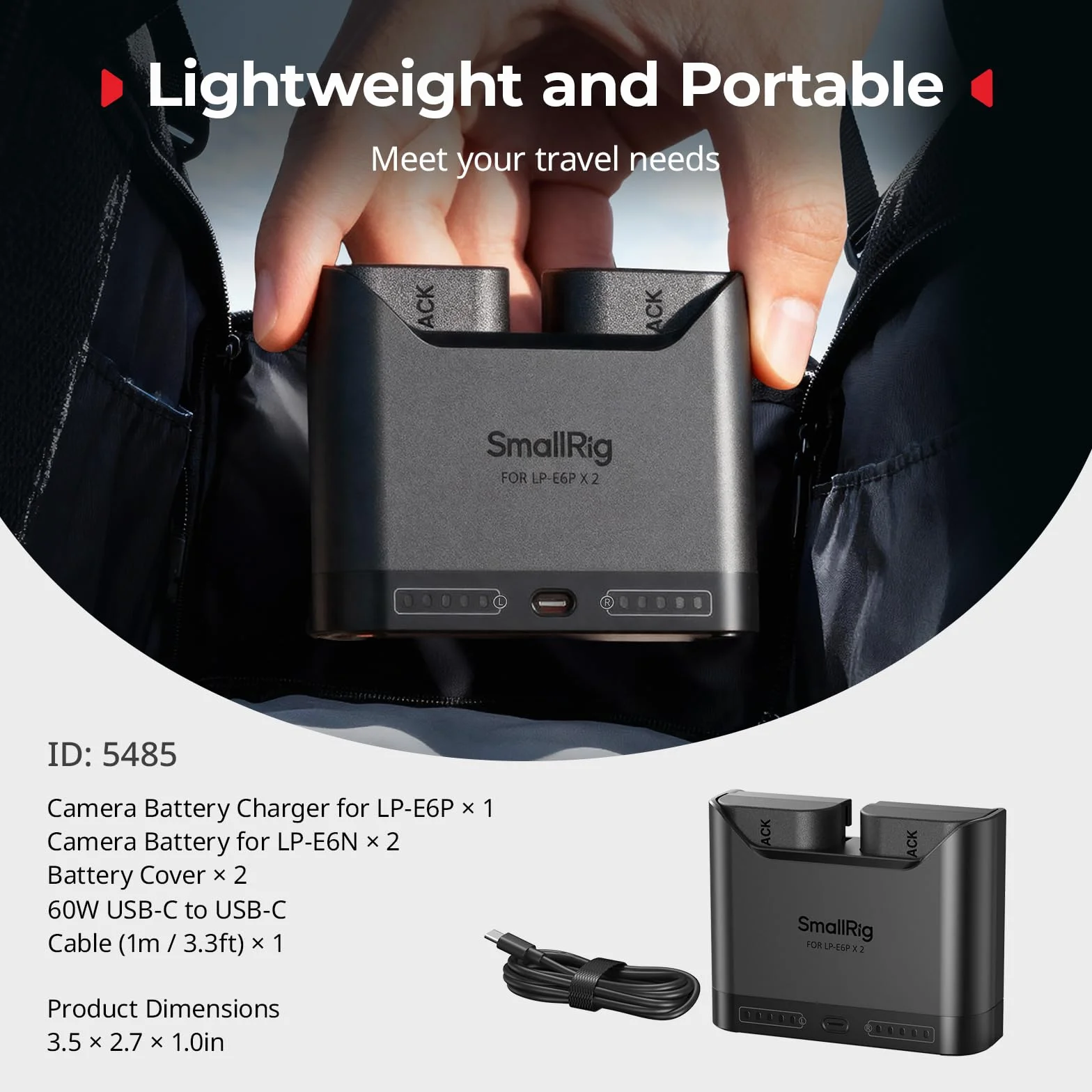 SMALLRIG Zestaw akumulatorów LP-E6P 2520 mAh do Canon EOS R6 II/III R5 Mark II 5D II/III/IV