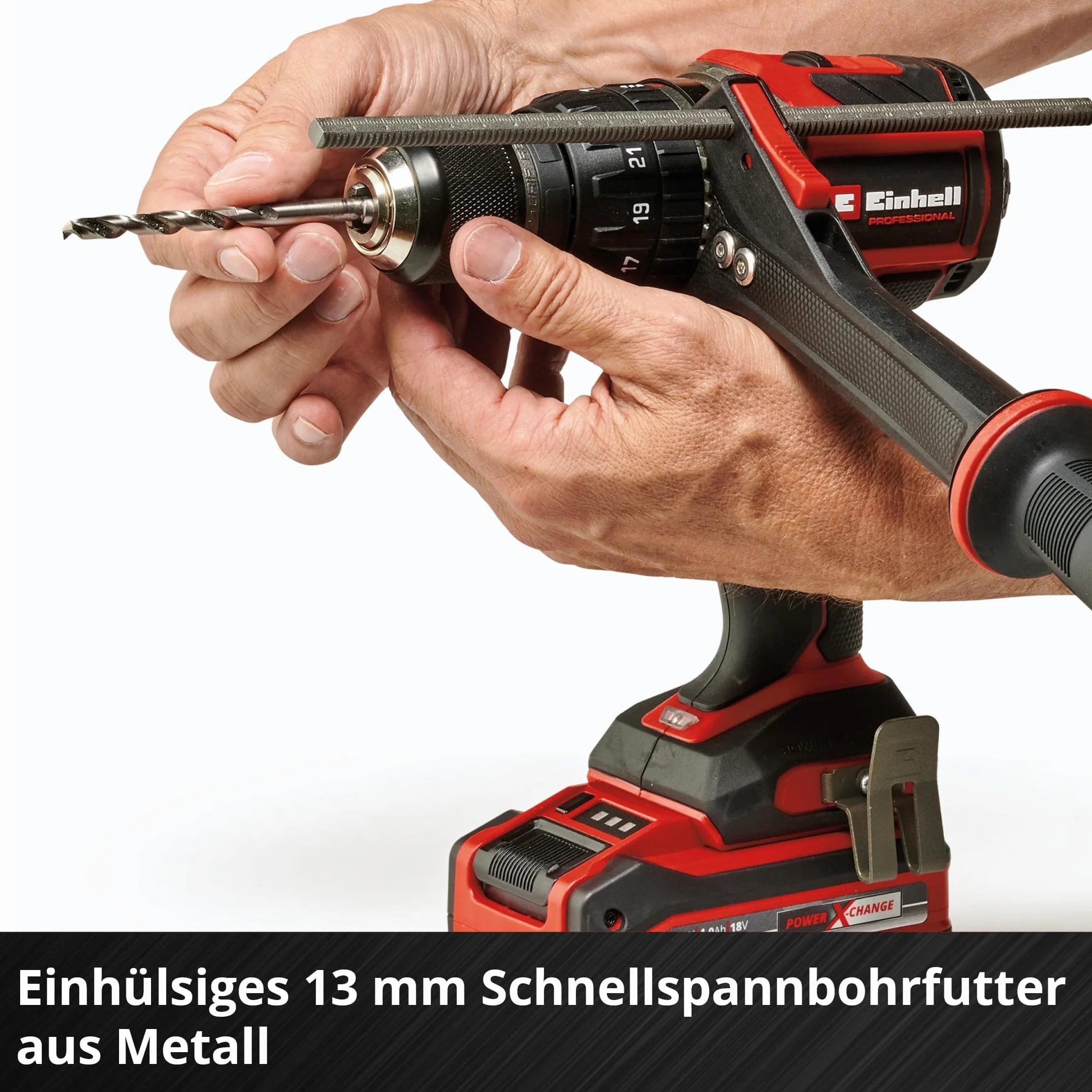 Einhell Profesjonalna akumulatorowa wiertarko-wkrętarka udarowa TP-CD 18/120 Li-i BL-Solo Power X-Change (18 V, bezszczotkowa, 120 Nm, funkcja wiercenia udarowego, uchwyt wiertarski 13 mm, 2-biegowy,