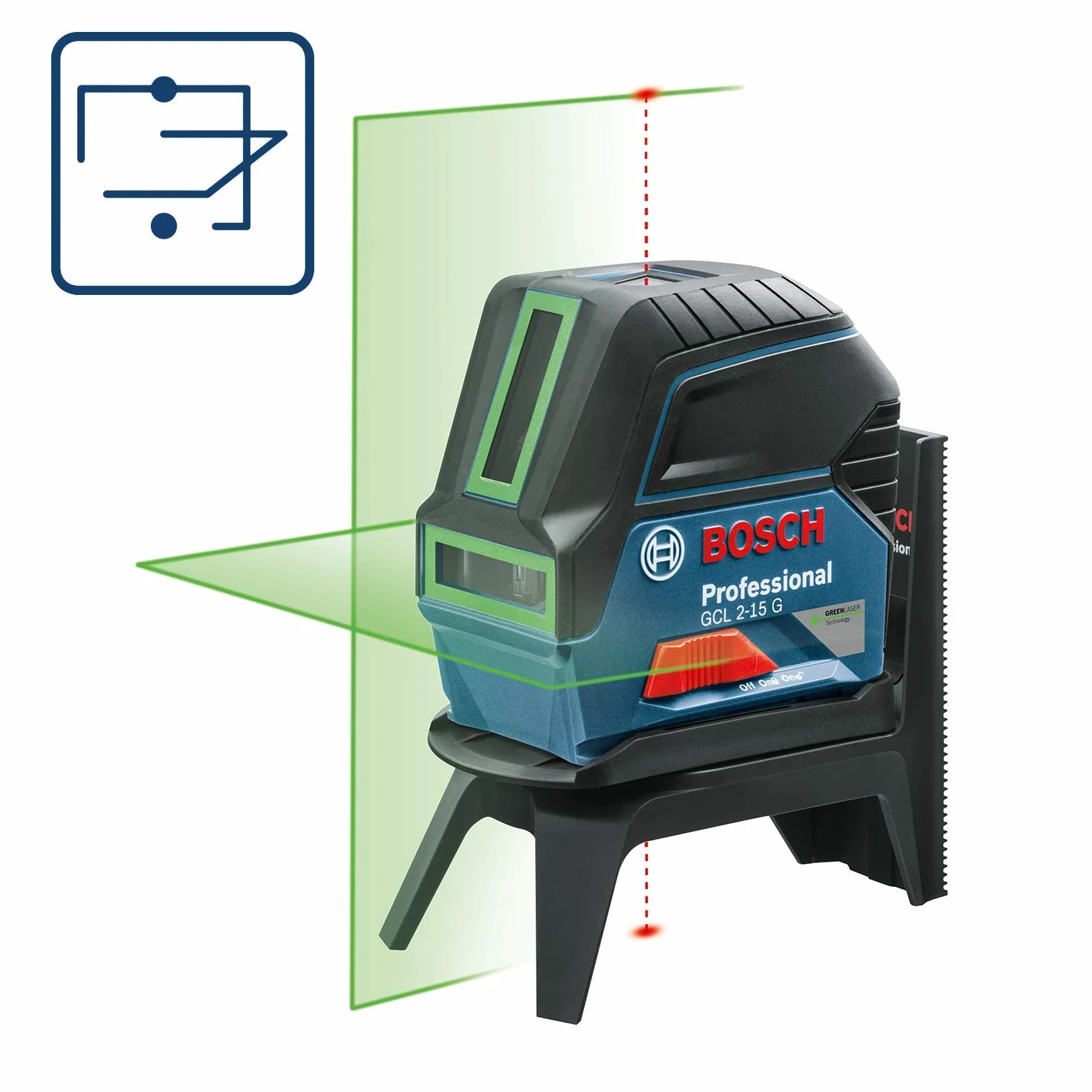 Bosch Professional Laser wielofunkcyjny GCL 2-15 G zielona wiązka 15 m 3 baterie 1,5 V uchwyt obr. RM 1 walizka