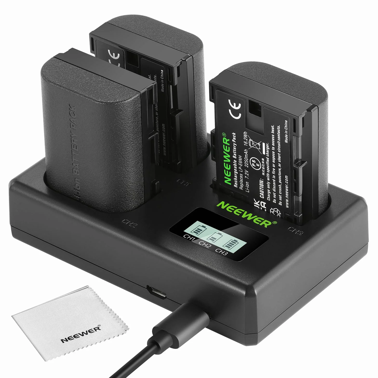 NEEWER LP-E6NH zestaw akumulatorów i ładowarki USB 3-pak 2250 mAh kompatybilny z Canon EOS R7 R5 R6 R6 II 5DIV 6DII 7DII