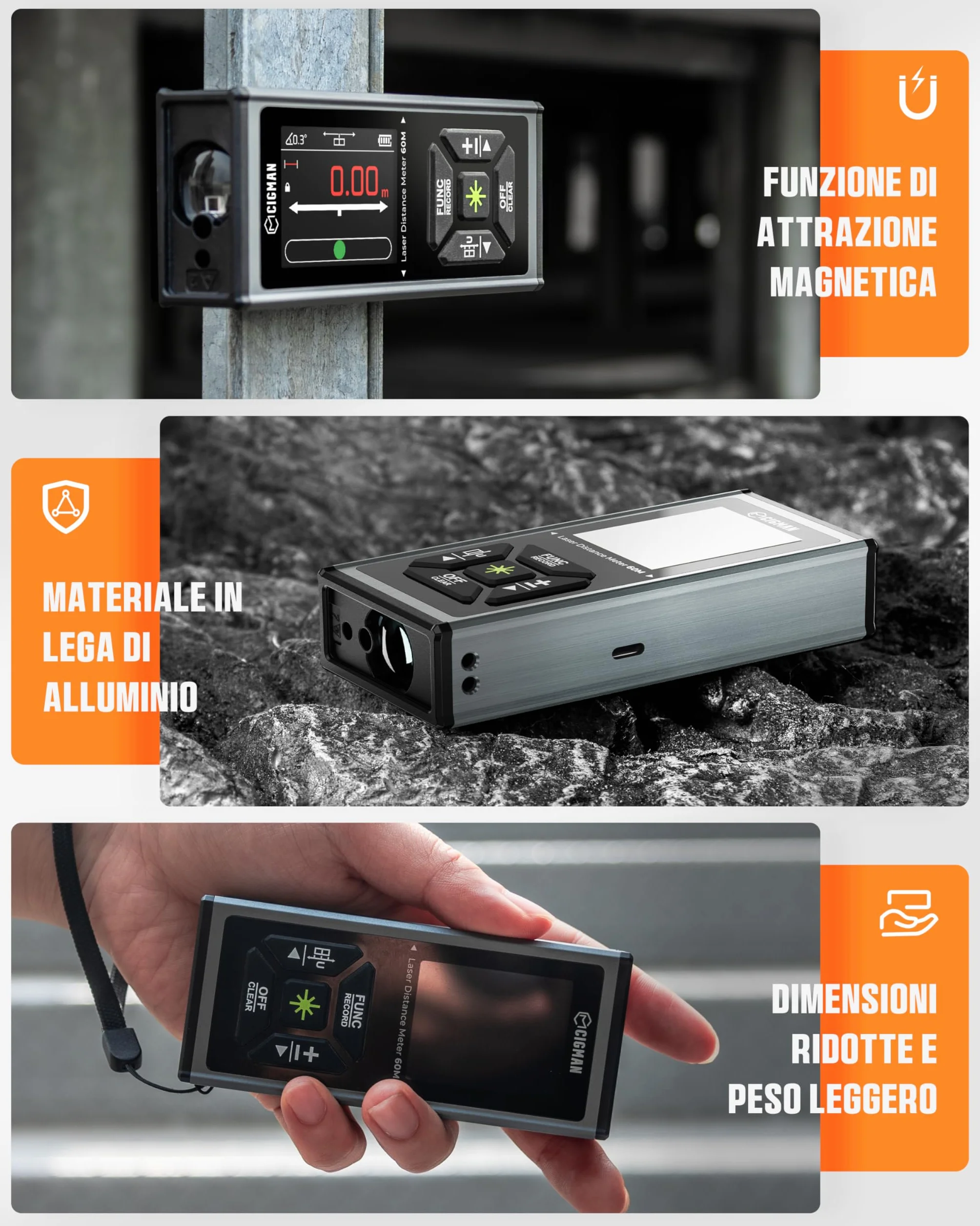 Dwustronny dalmierz laserowy zielony, wielofunkcyjny dalmierz laserowy CIGMAN 120m/390Ft z wyświetlaczem LCD, funkcją przyciągania magnetycznego, czujnikiem kąta, trybem Pitagorasa, obszarem i objętoś