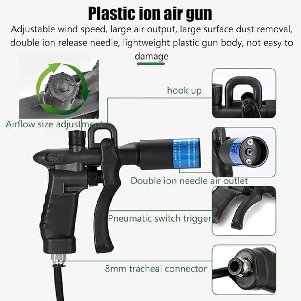 Pistolet jonizujący, antystatyczny pistolet do odkurzania, eliminator statyczny wysokiego napięcia z generatorem 4,6 kV, podwójny pistolet pneumatyczny do przemysłowego usuwania statycznego (0,2 ~ 0,8