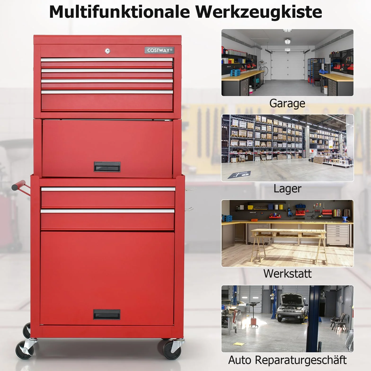 COSTWAY 2 w 1 wózek warsztatowy z walizką i 9 przegródkami i haczykami, zamykany wózek narzędziowy na kółkach bez narzędzi, profesjonalny metalowy wózek warsztatowy, 61,5 x 33 x 132 cm (czerwony)