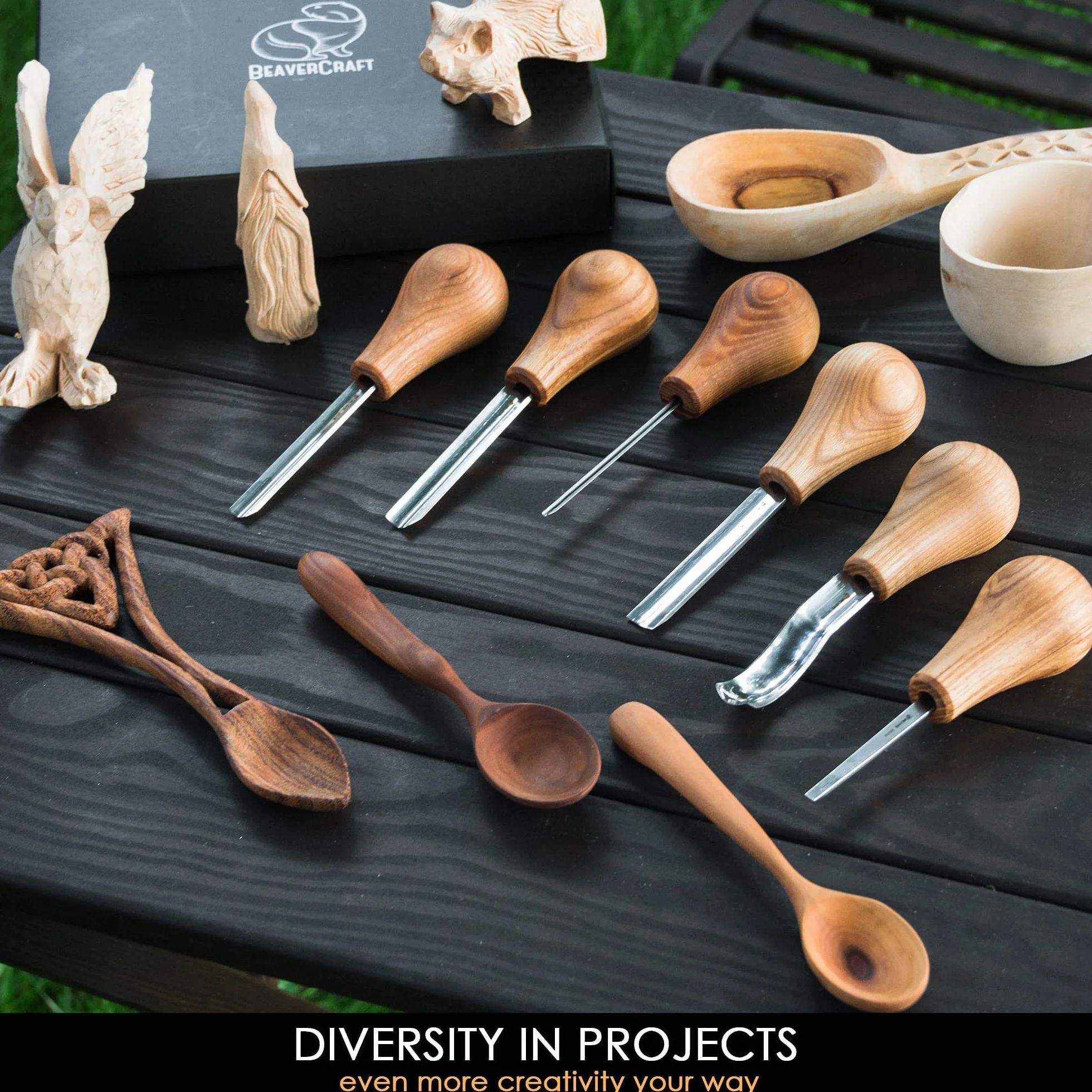 BeaverCraft Zestaw dłut do rzeźbienia w drewnie SC05 z dłutem dłoniowym i płaskim dłutem prostym, zaokrąglone, krótkie, wygięte noże do strugania, narzędzia dla początkujących i profesjonalistów