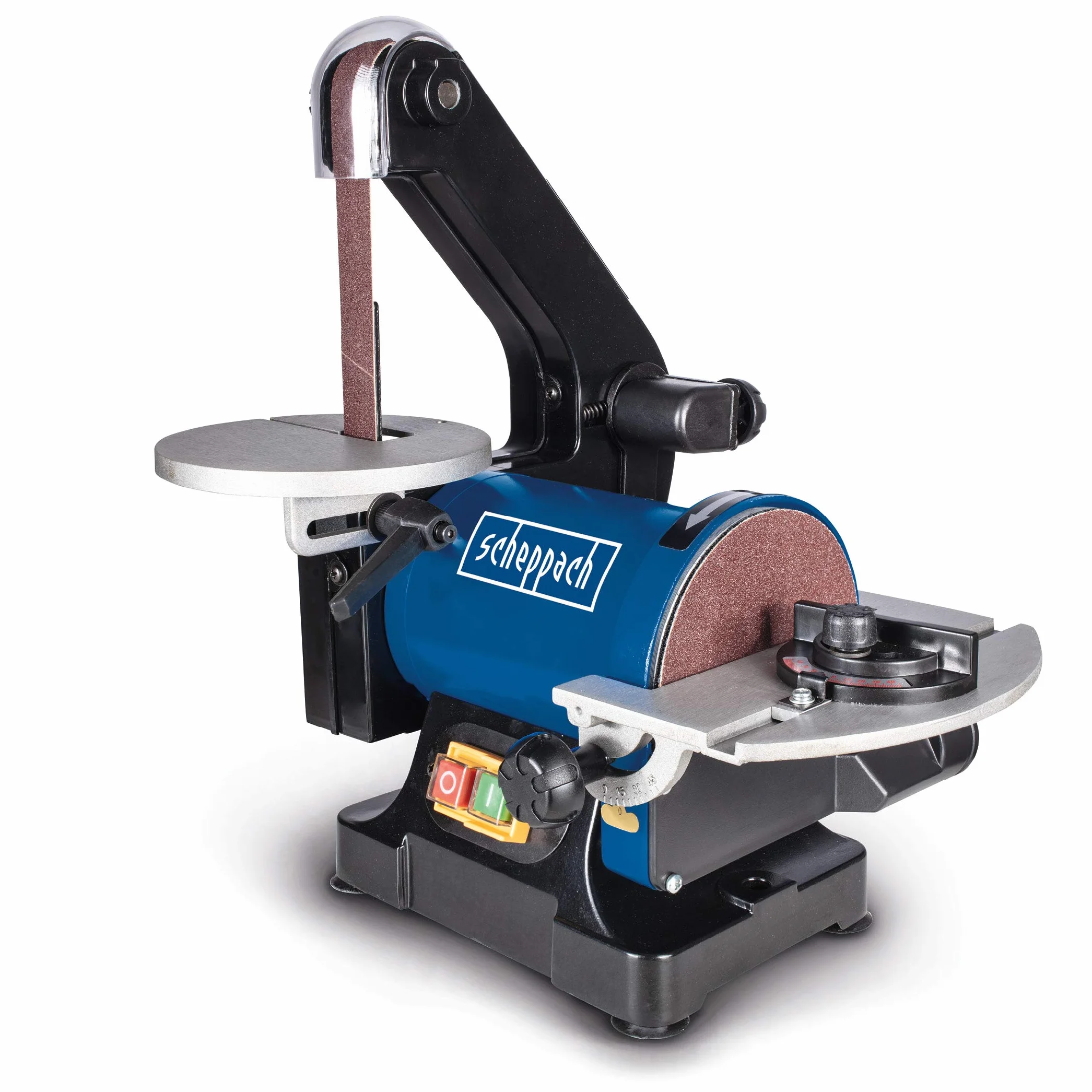 Scheppach BTS700 szlifierka taśmowa (szlifierka tarczowa, 250 W, długość taśmy 762 mm szerokość 25,4 mm, tarcza szlifierska Ø 125 mm, stół regulowany 90°-45°, prędkość 816 m/min)