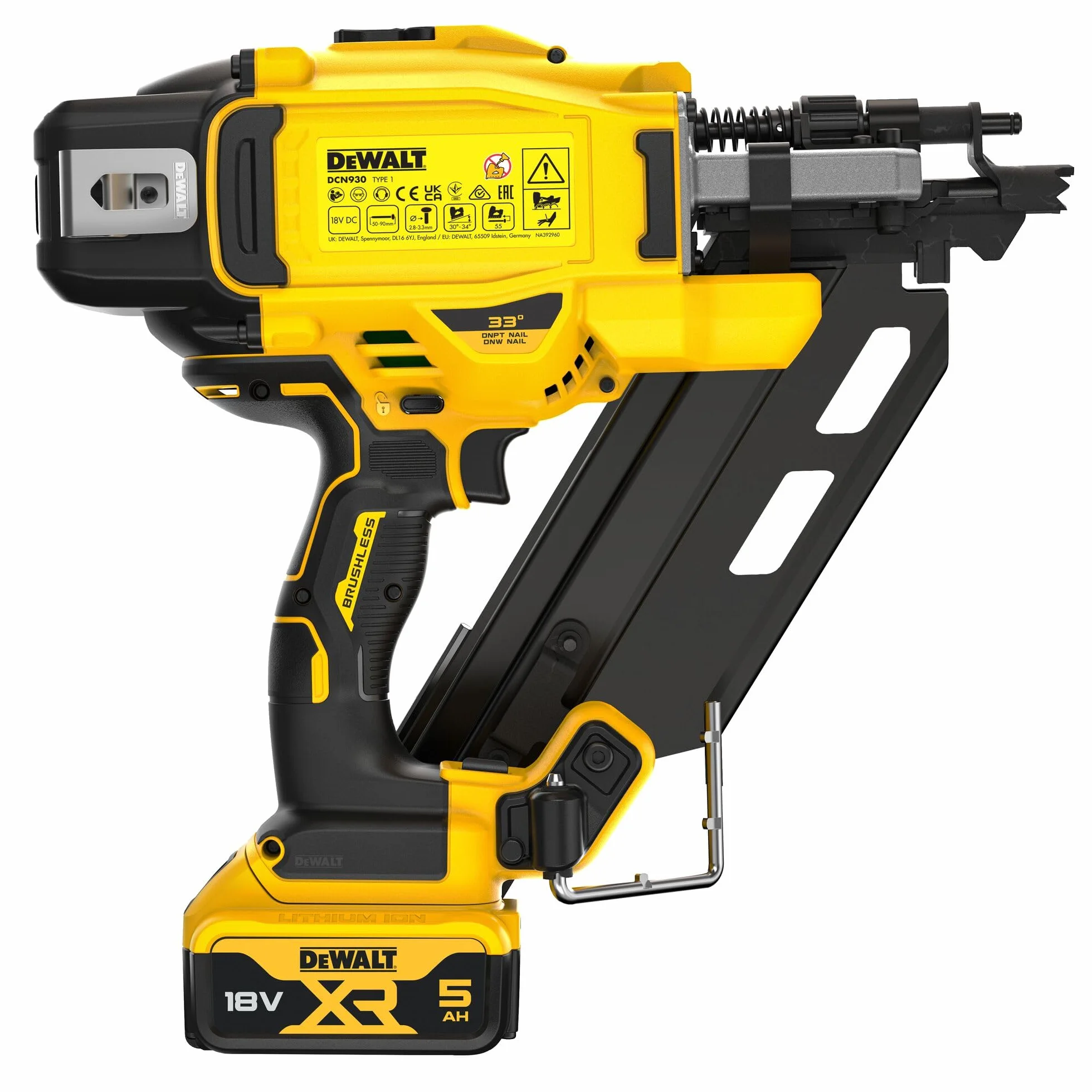Dewalt 18 V DCN930P2 gwoździarka akumulatorowa (90 mm) (do powszechnie stosowanych gwoździ z głowicą D i papierem, kąt magazynka 30°-34°, 2 x 18 V/5 Ah akumulatory litowo-jonowe i ładowarka, walizka