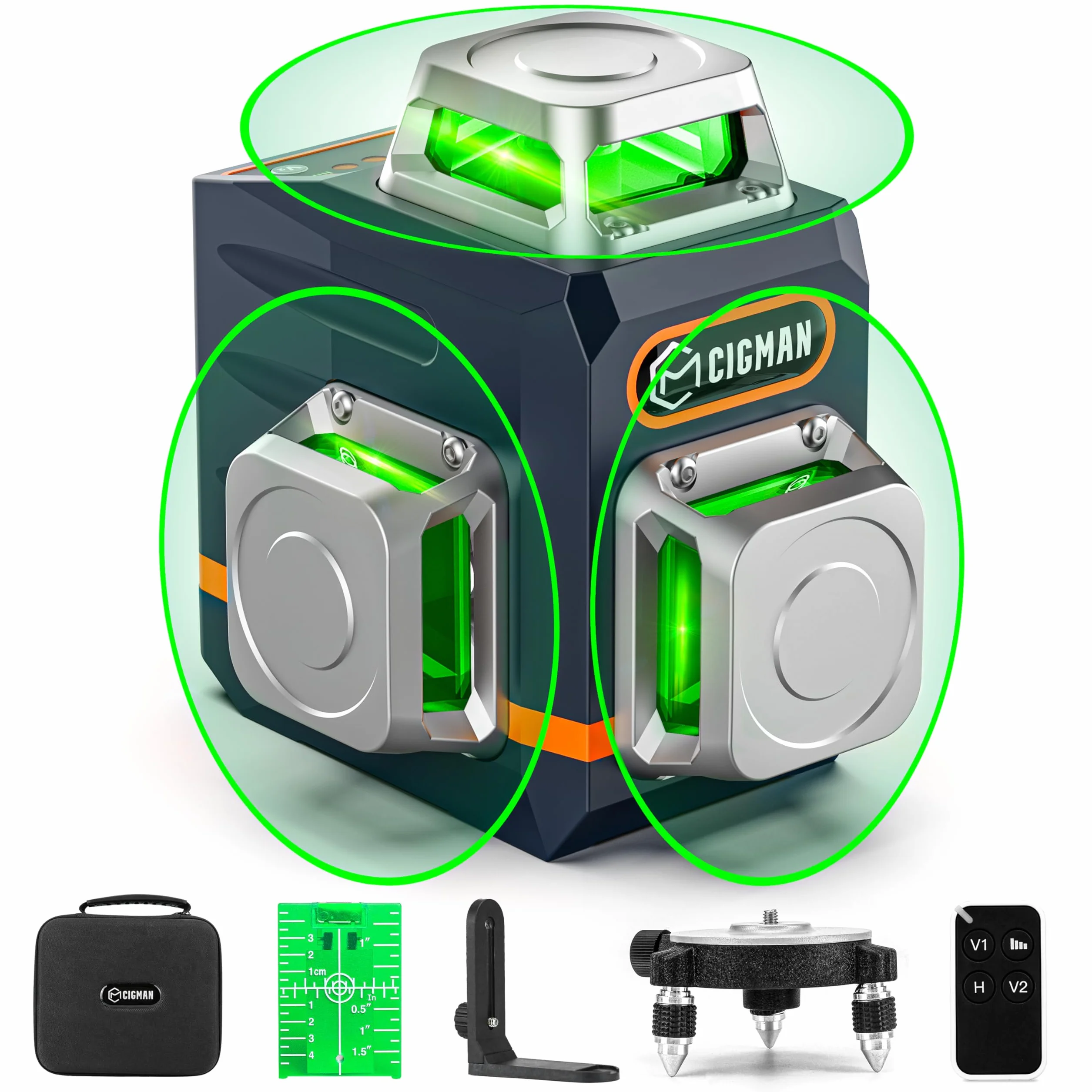 CIGMAN 3x360 ° zielony poziom lasera, samopoziomujący poziom lasera, zasięg roboczy: 30m, z pilotem, uchwytem magnetycznym, obrotową podstawą 360 °, wbudowany akumulator litowo-jonowy