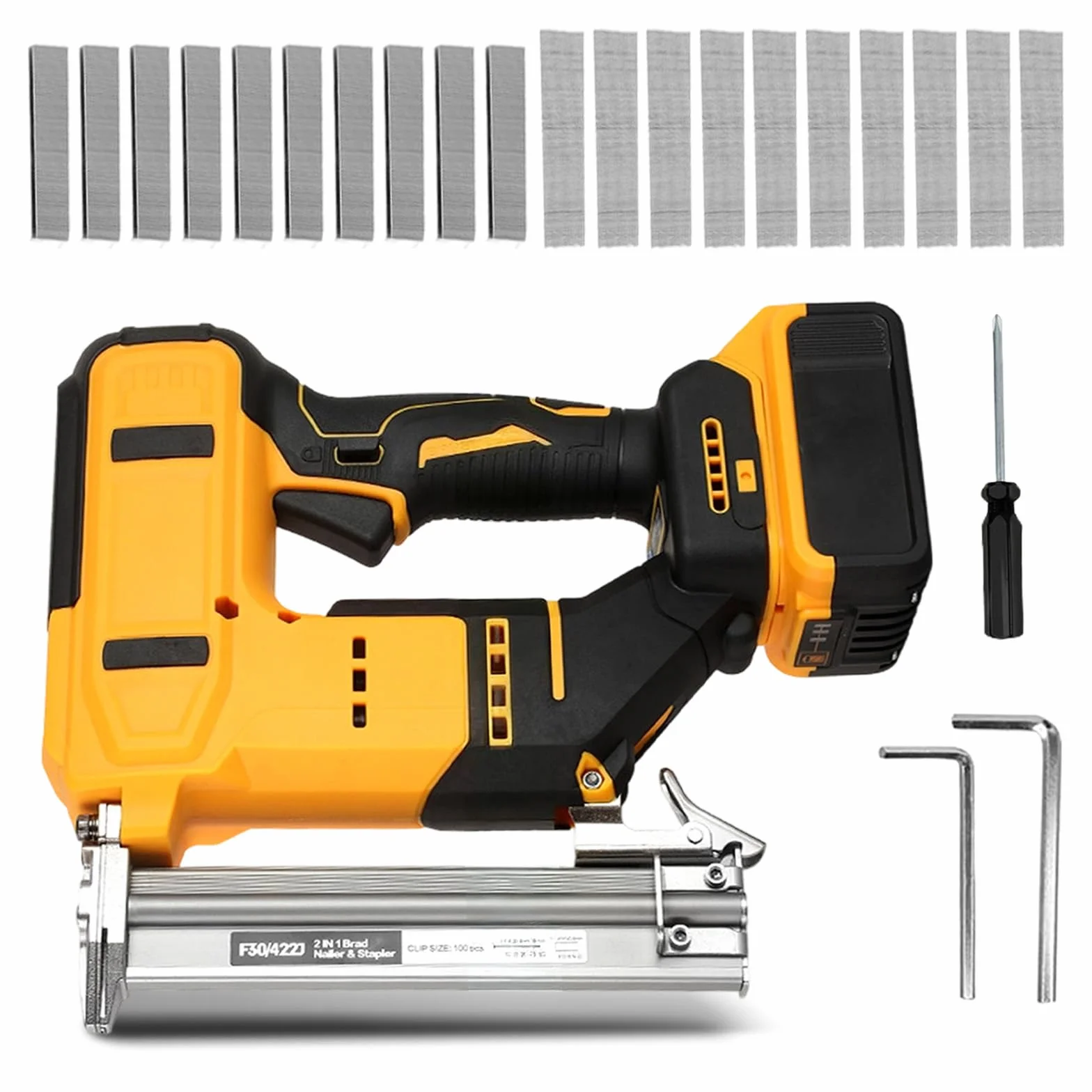 Akumulatorowa gwoździarka do zszywacza Dewalt 2 w 1 | 18GA bezszczotkowy elektryczny pistolet do paznokci, 2000 gwoździ, 2 klucze płaskie do obróbki drewna (bez akumulatora)