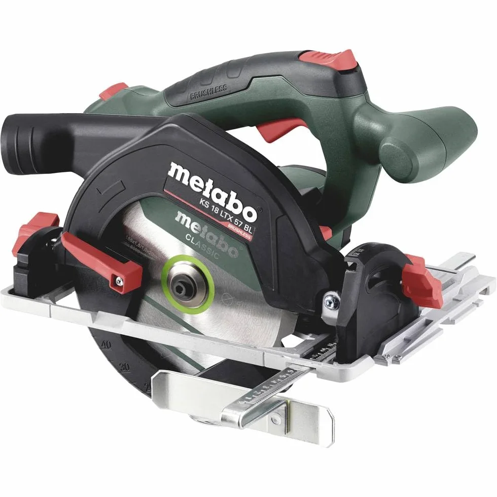 Metabo Ręczna pilarka tarczowa KS 18 LTX 57 BL 18 V, z silnikiem bezszczotkowym, cięcie ukośne, dobrze widoczny wskaźnik cięcia, niewielka waga, piła 611857850