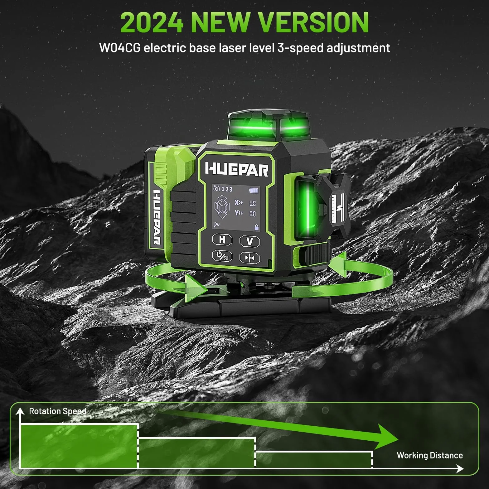 Huepar 2024 Nowa edycja W04CG Poziomica laserowa 4D, Poziomica laserowa z wyświetlaczem LCD z obrotową podstawą silnika, Samopoziomujący laser krzyżowy 360° - Pilot Bluetooth, Tryb impulsowy